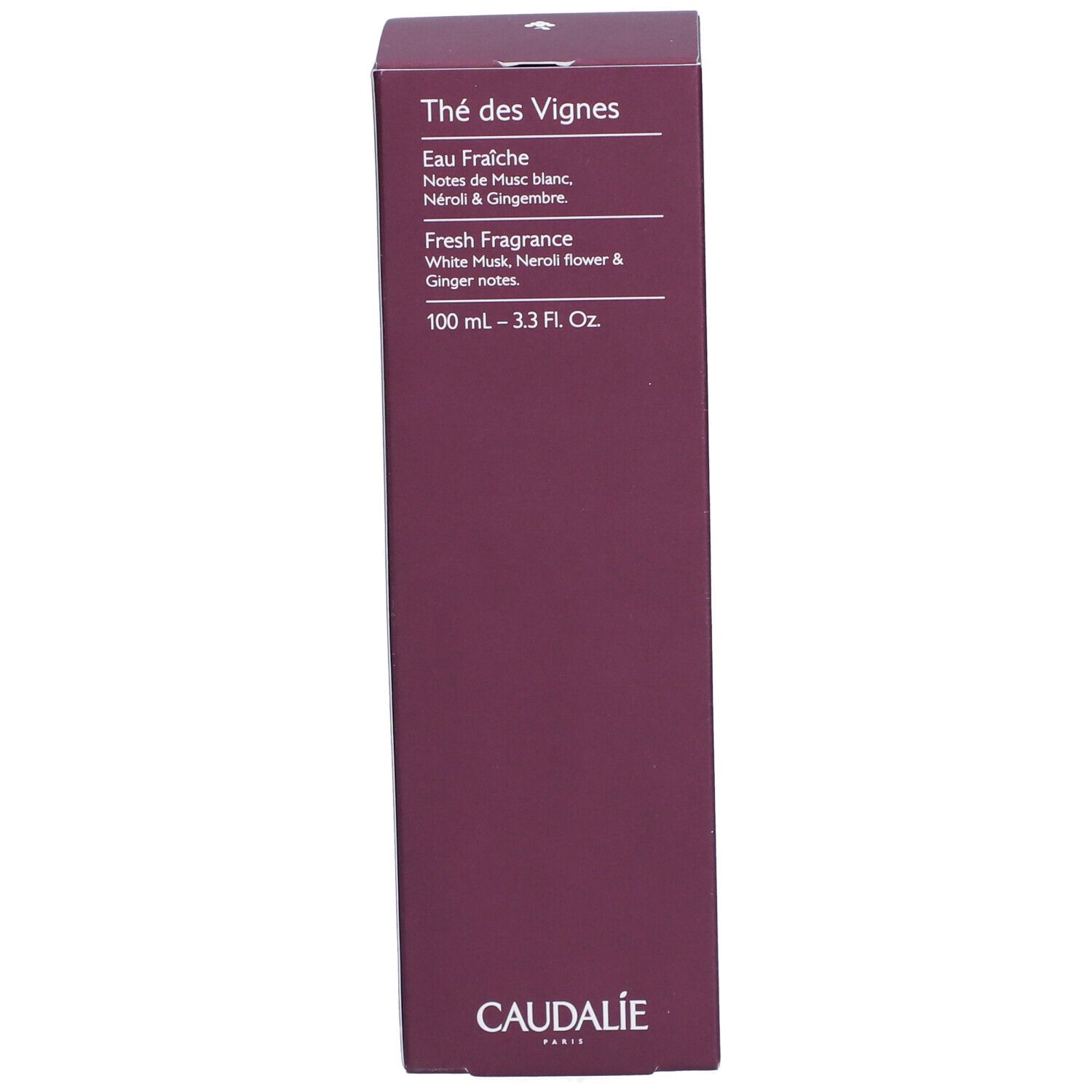 Auberginefarbene Schachtel Caudalie The des Vignes Fresh Fragrance. Text: Eau Fraîche, White Musk, Neroli & Ginger notes. Marke Caudalie.