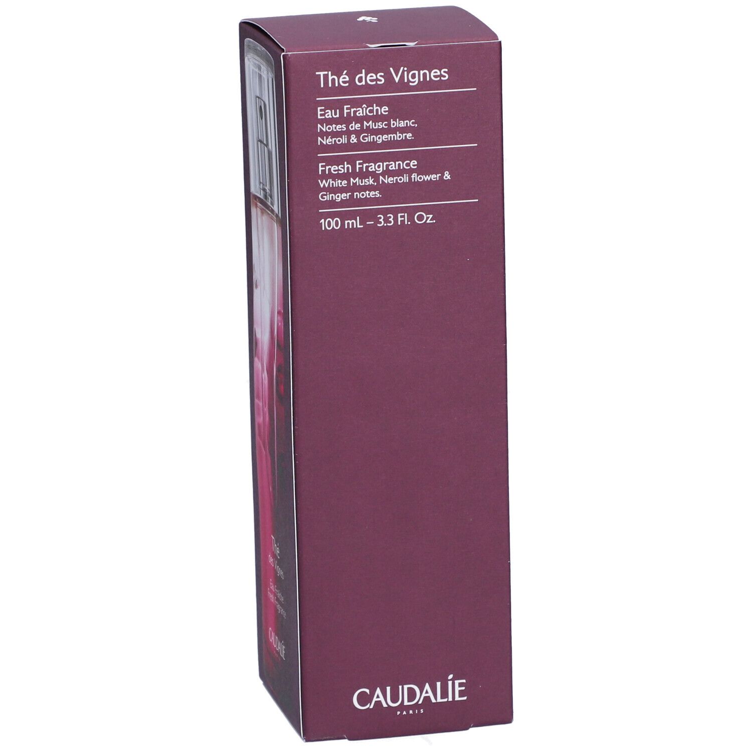 Caudalie The des Vignes Fresh Fragrance in Schachtel. Flakon sichtbar. Text: Eau Fraîche, White Musk, Neroli & Ginger notes. Marke Caudalie.