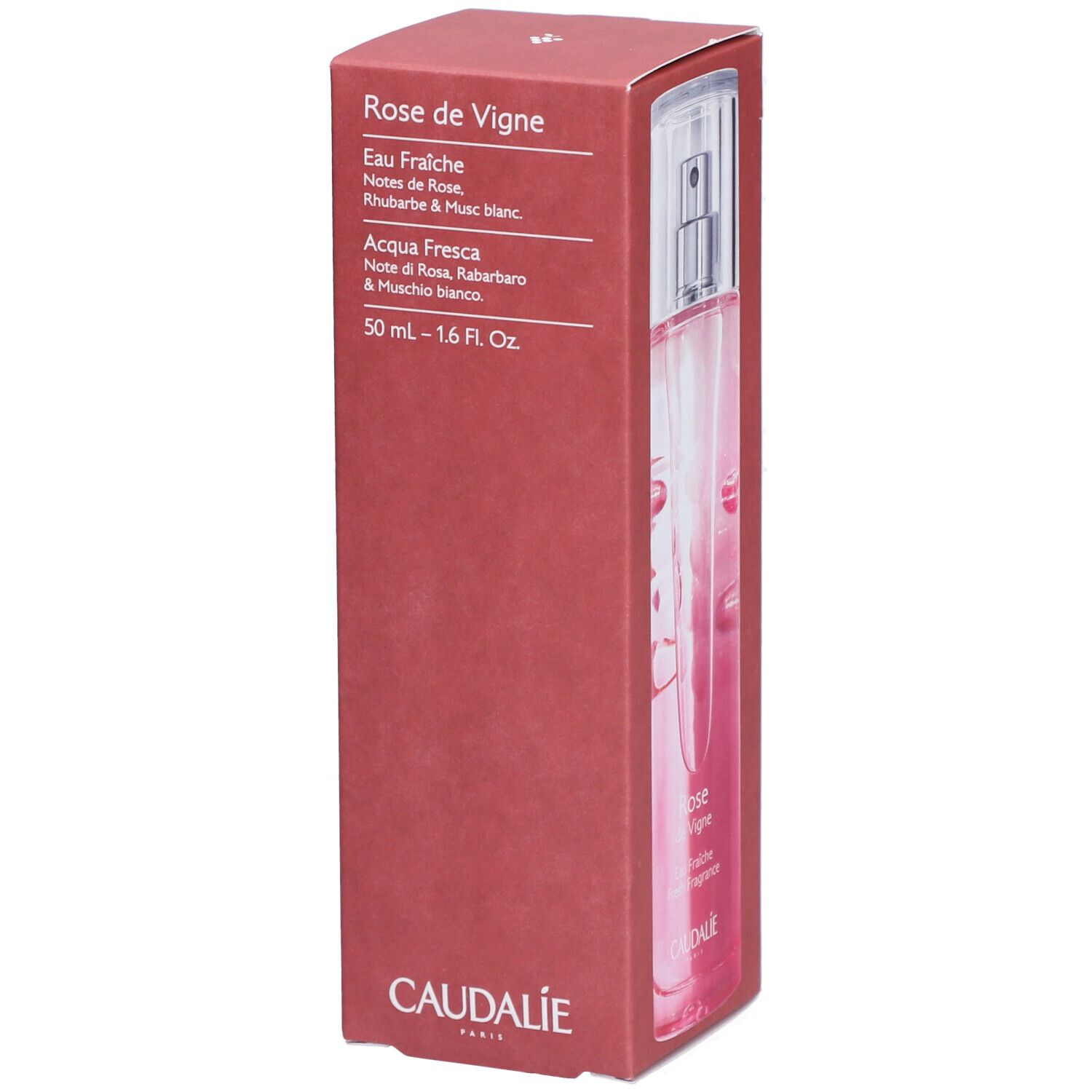 Produkt in roter Verpackung. Eine transparente Flasche mit Zerstäuber ist sichtbar. Text: Rose de Vigne, Eau Fraiche, 50 ml, Caudalie.