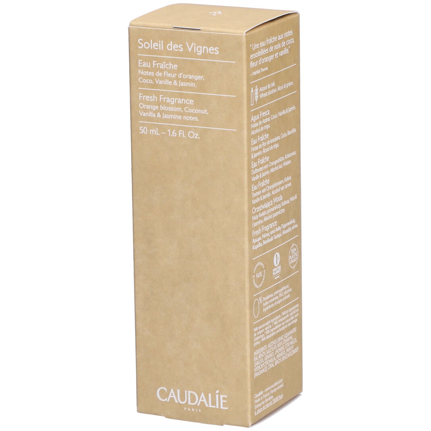 Kartonverpackung mit Produktinformationen. Text: Soleil des Vignes, Eau Fraîche, Fresh Fragrance. Marke Caudalie.