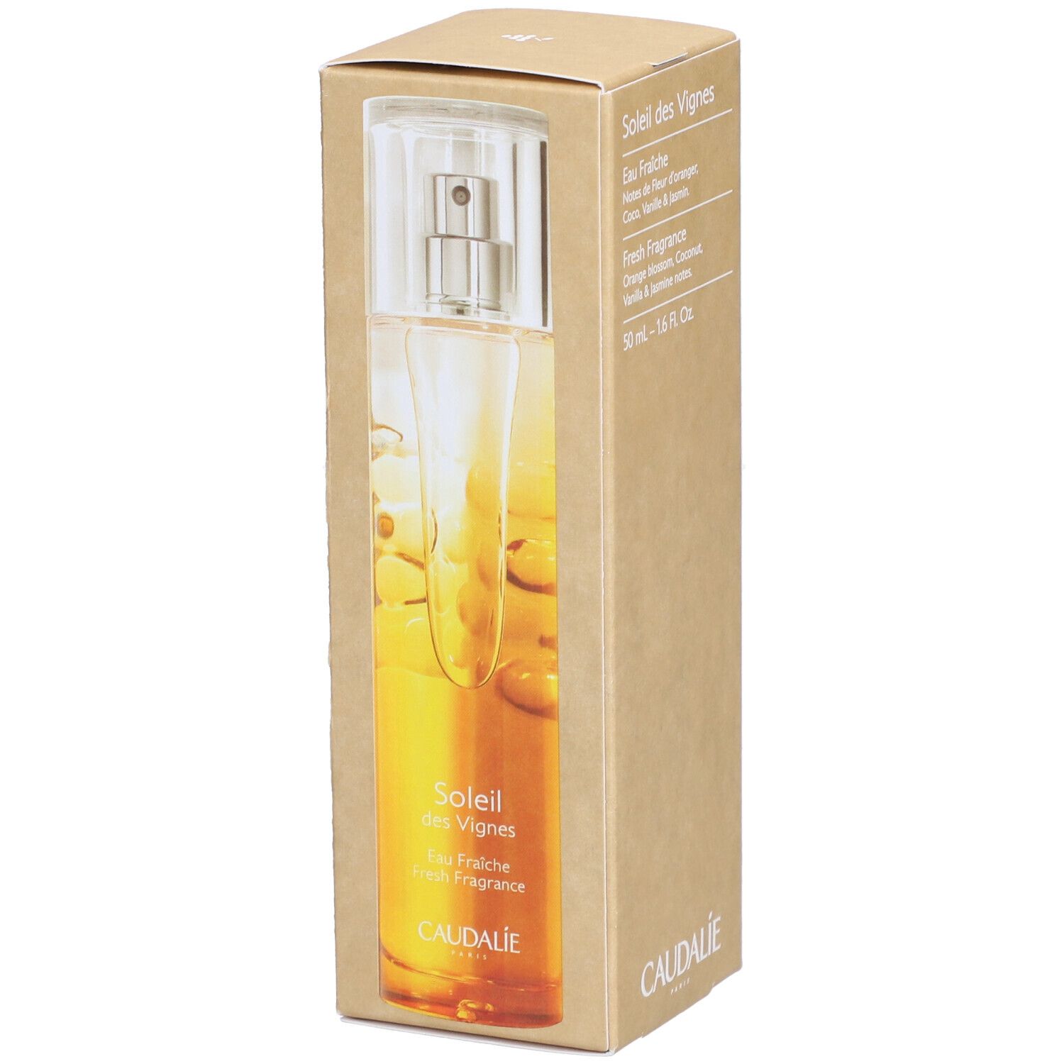Produkt in Kartonverpackung. Flakon mit Sprühkopf sichtbar. Text: Soleil des Vignes, Fresh Fragrance. Marke Caudalie.