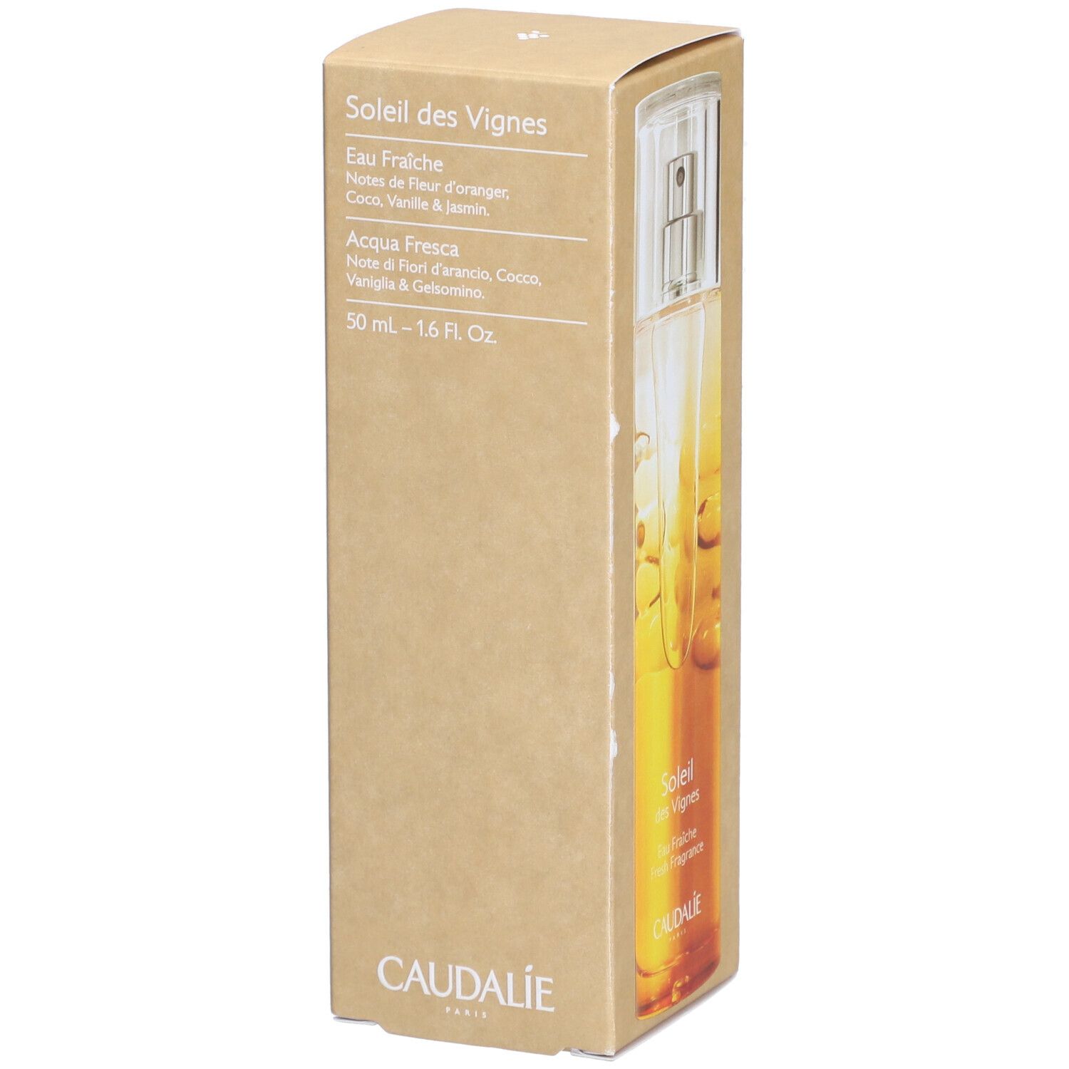 Produkt in Kartonverpackung. Flakon sichtbar. Text: Soleil des Vignes, Eau Fraîche, Fresh Fragrance. Marke Caudalie.
