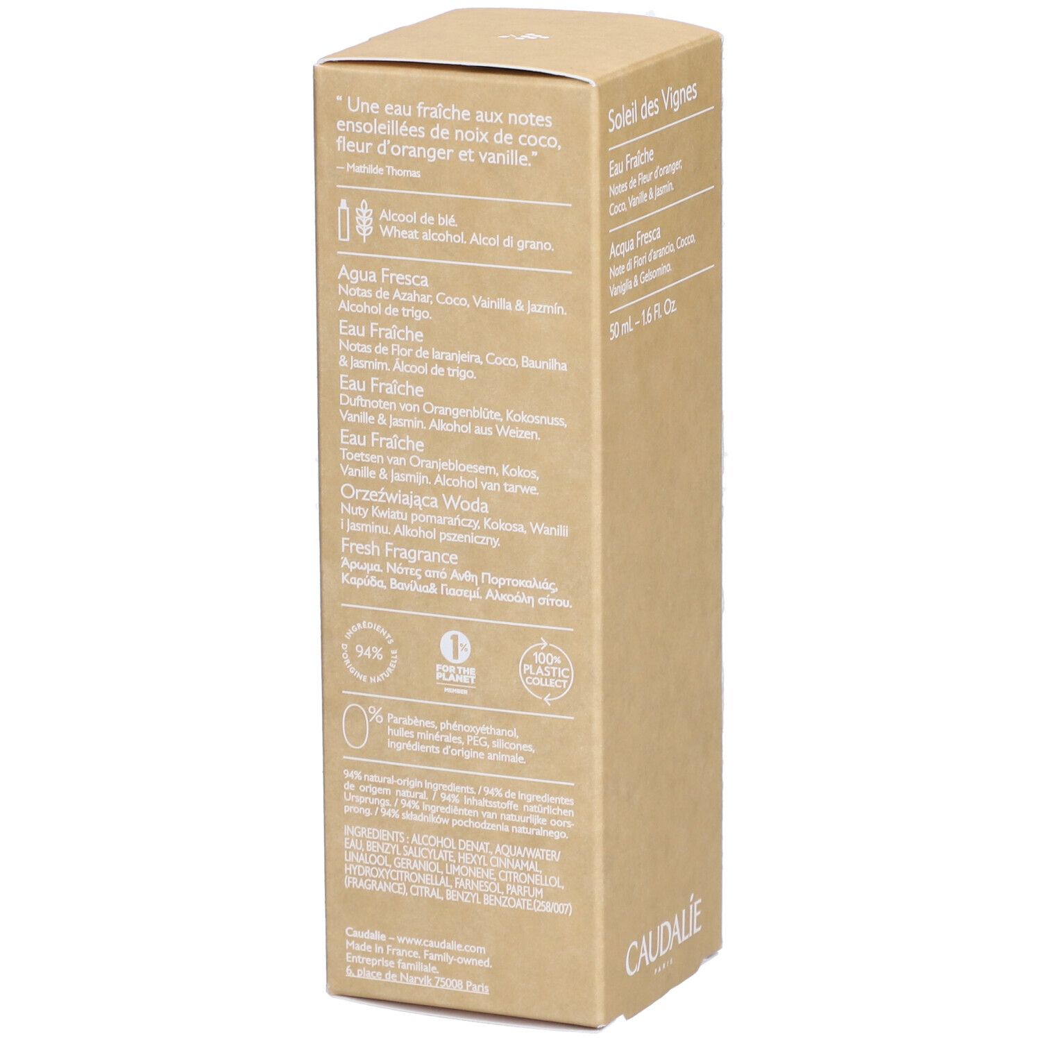Kartonverpackung mit Produktinformationen. Text: Soleil des Vignes, Eau Fraîche, Fresh Fragrance. Marke Caudalie. Nachhaltigkeitslogos.