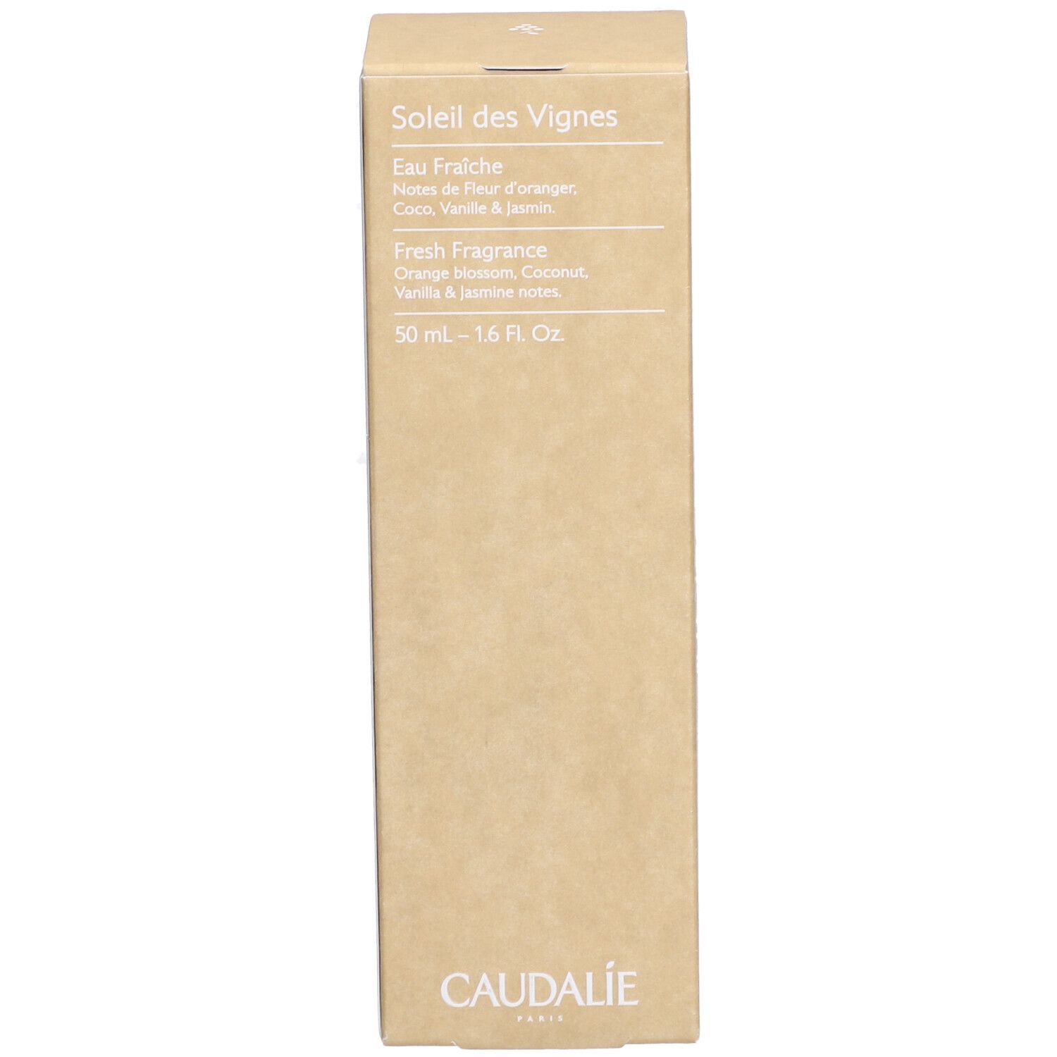Kartonverpackung mit Produktinformationen. Text: Soleil des Vignes, Eau Fraîche, Fresh Fragrance. Marke Caudalie.