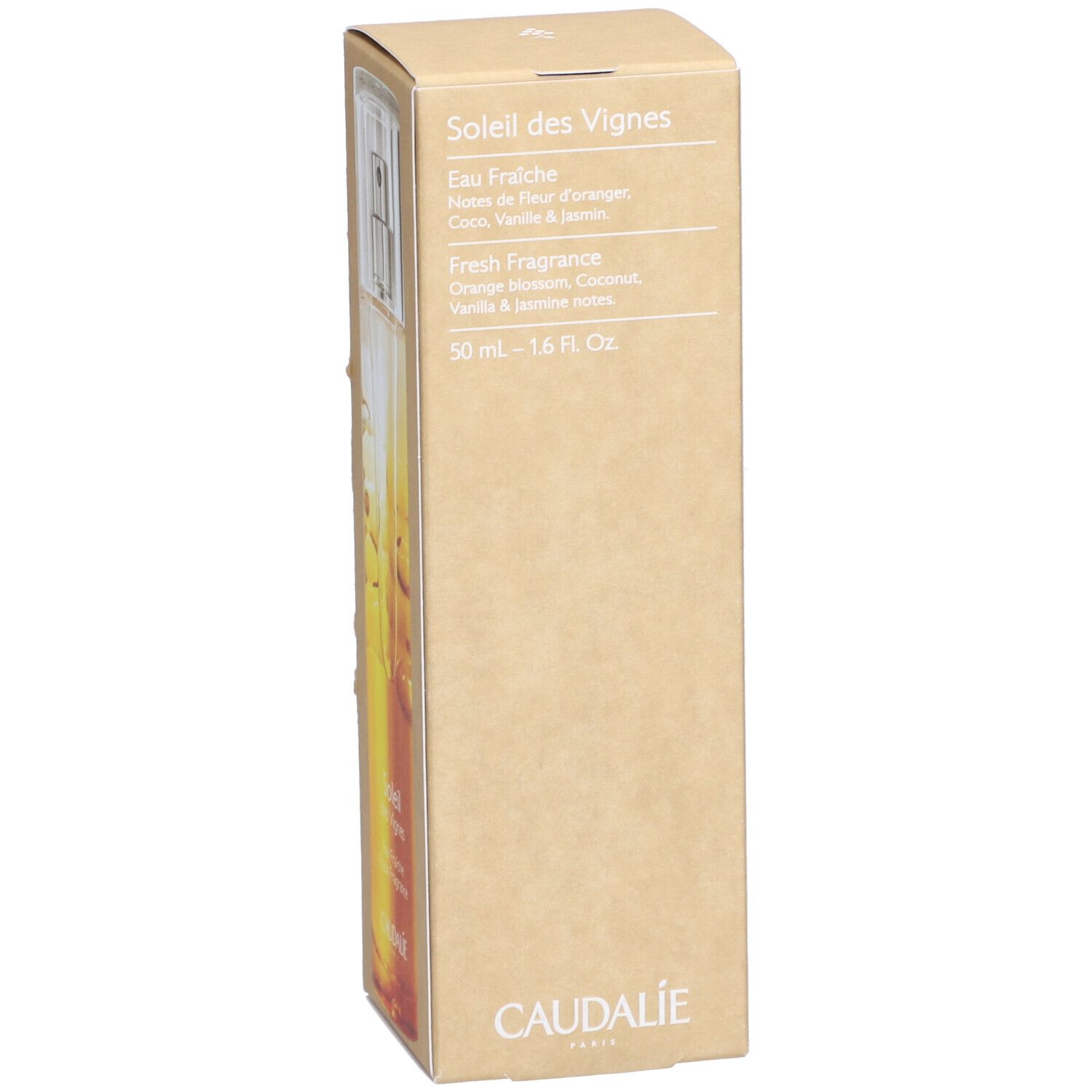 Kartonverpackung mit Produktinformationen. Text: Soleil des Vignes, Eau Fraîche, Fresh Fragrance. Marke Caudalie.
