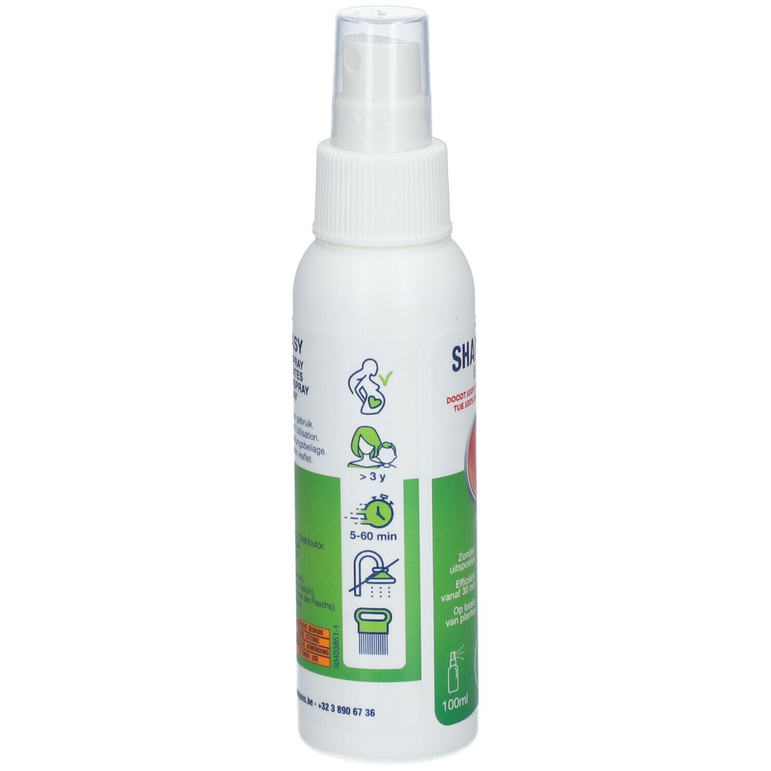 Flacon spray blanc avec étiquette verte. Inscription: SHAMPOUX EASY, Spray. Symboles d'utilisation et d'âge. 100ml.