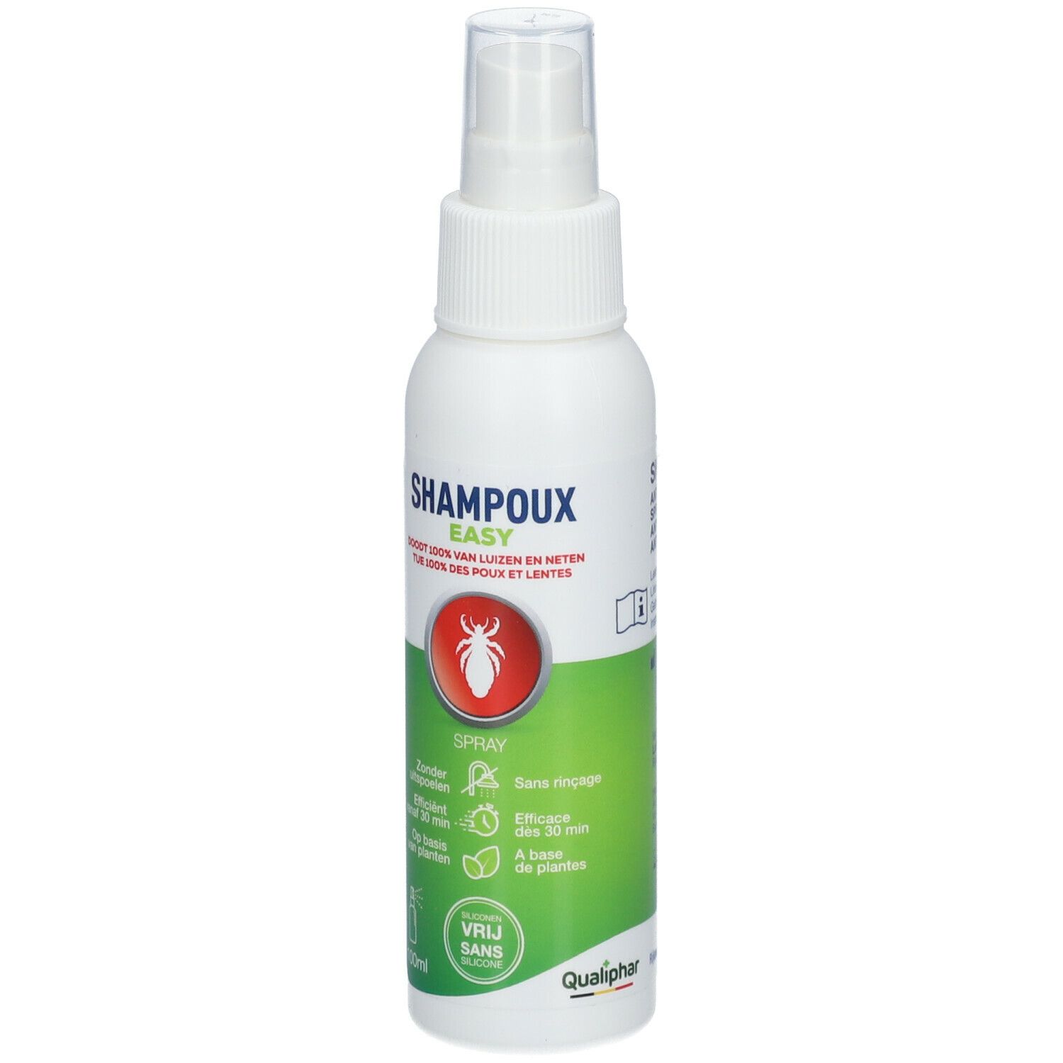 Flacon spray blanc avec étiquette verte. Inscription: SHAMPOUX EASY, Spray. Cercle rouge avec insecte. 100ml.