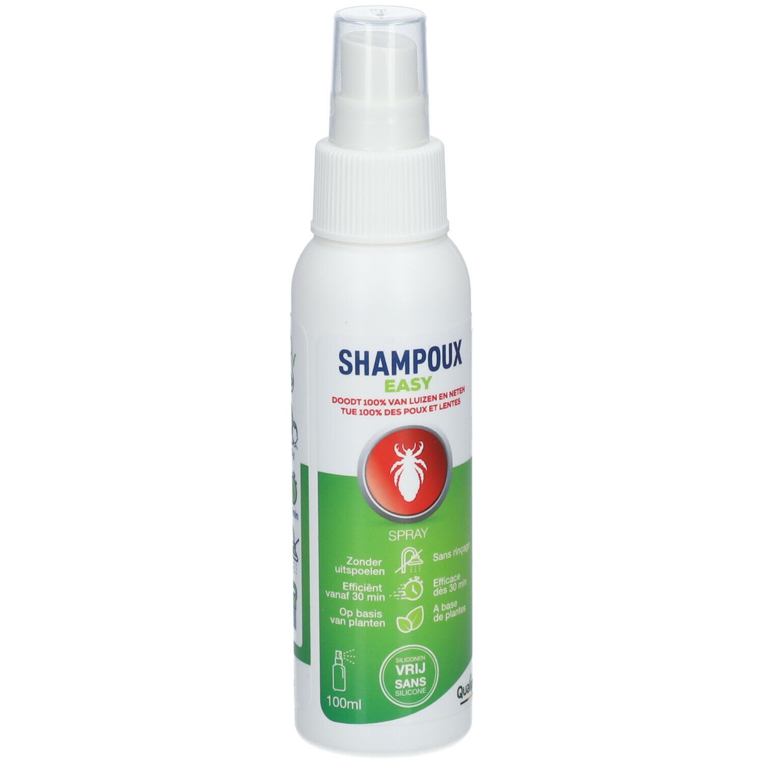 Flacon spray blanc avec étiquette verte. Inscription: SHAMPOUX EASY, Spray. Cercle rouge avec insecte. 100ml.