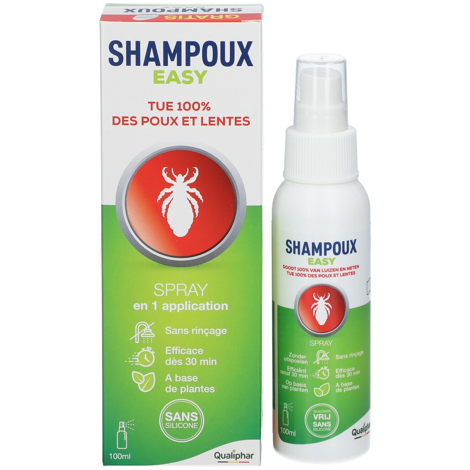 Emballage du produit et flacon spray. Inscription: SHAMPOUX EASY. Cercle rouge avec insecte. Spray. 100ml.