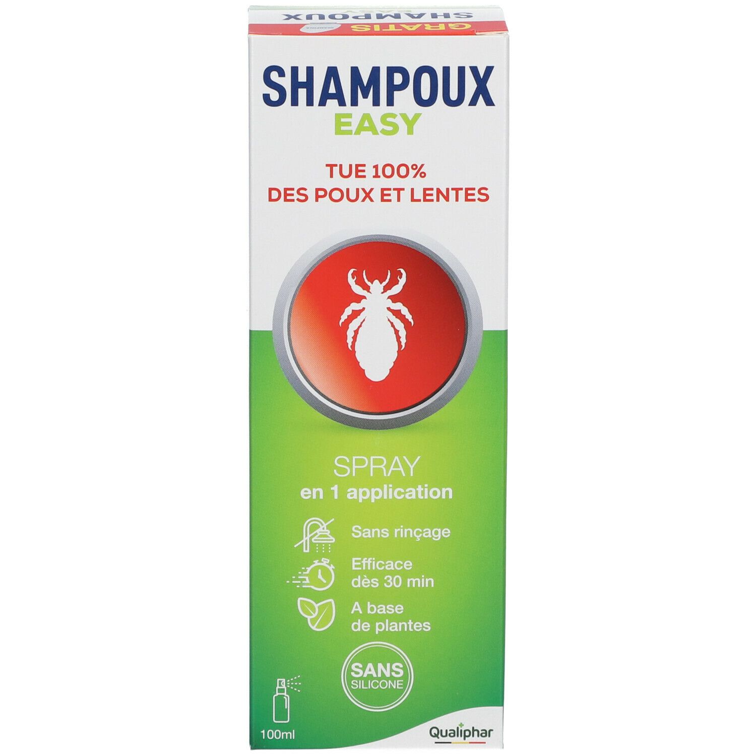 Emballage du produit. Inscription: SHAMPOUX EASY. Cercle rouge avec insecte. Spray. 100ml.