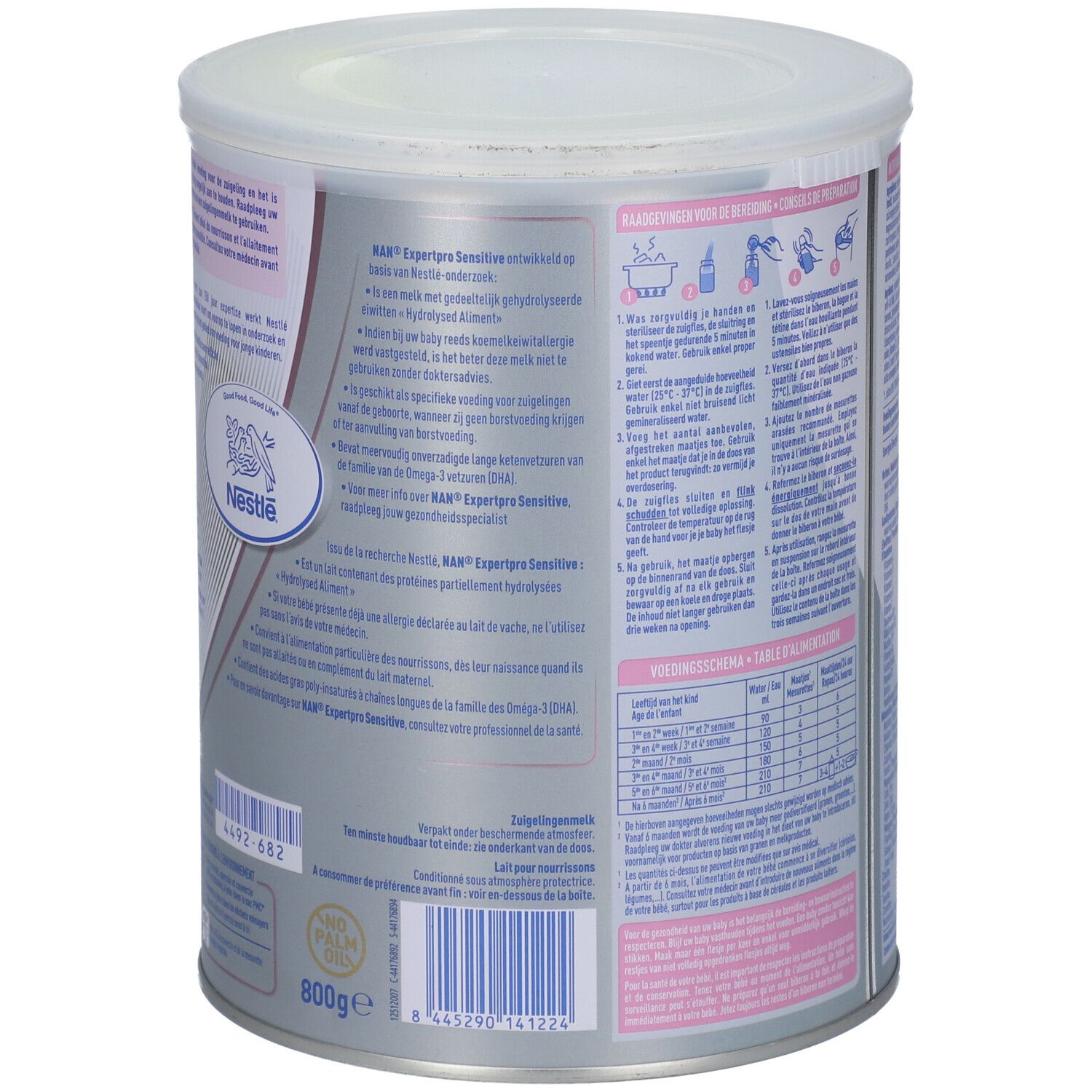 Dos de la boîte Nestlé NAN ExpertPro Sensitive. Texte multilingue, dont le néerlandais. Boîte argentée avec des accents roses.