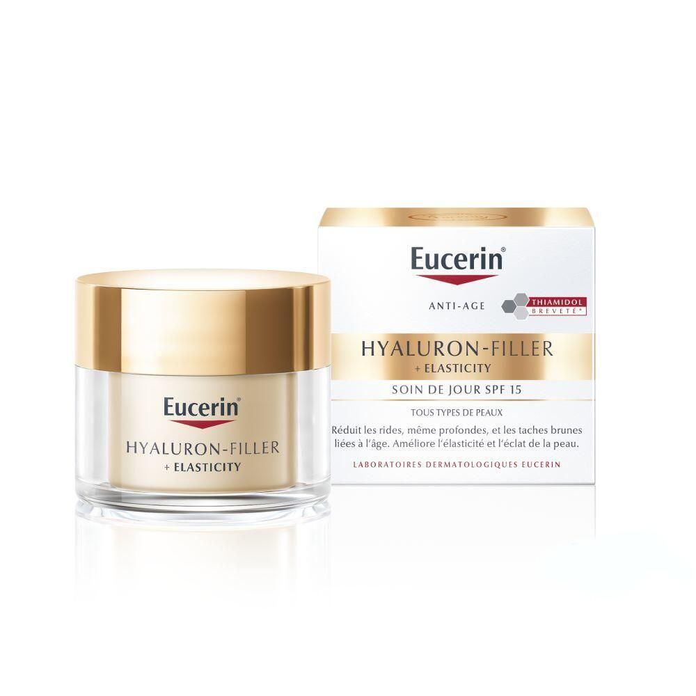 Pot de crème et emballage. Inscription: Eucerin HYALURON-FILLER + ELASTICITY Soin de jour SPF 15.