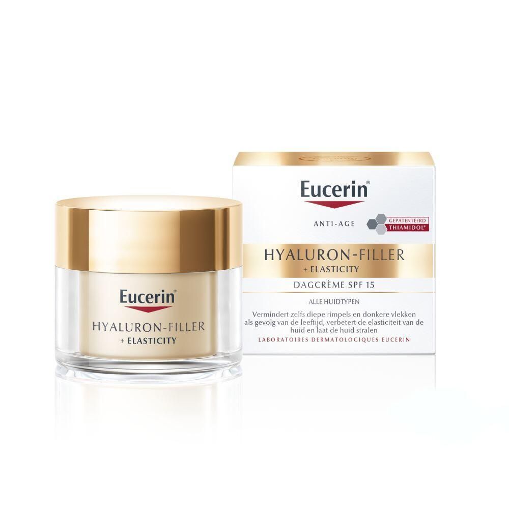 Crèmepot en verpakking. Opschrift: Eucerin HYALURON-FILLER + ELASTICITY Dagcrème SPF 15.
