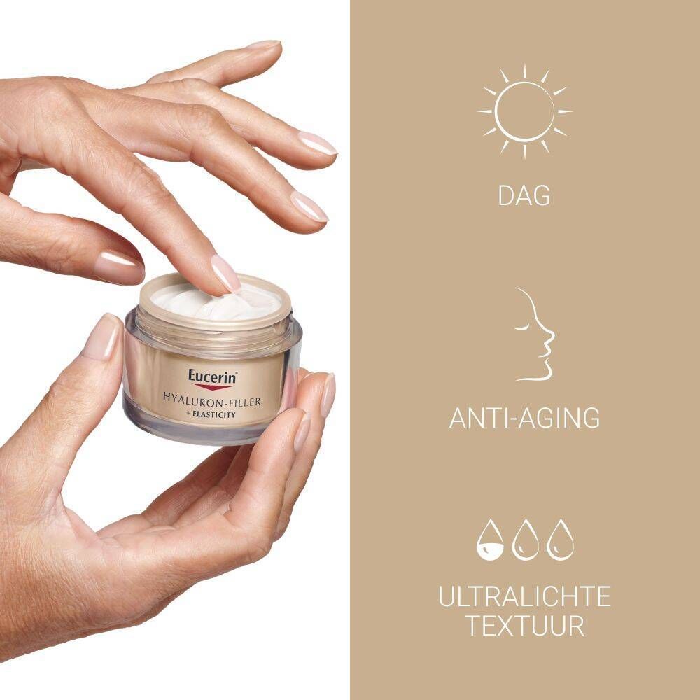 Handen raken crème aan. Symbolen: Zon, anti-aging, ultralichte textuur.