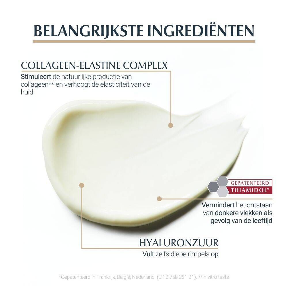 Crèmetextuur. Tekst: Collageen-elastine complex, hyaluronzuur, Thiamidol.