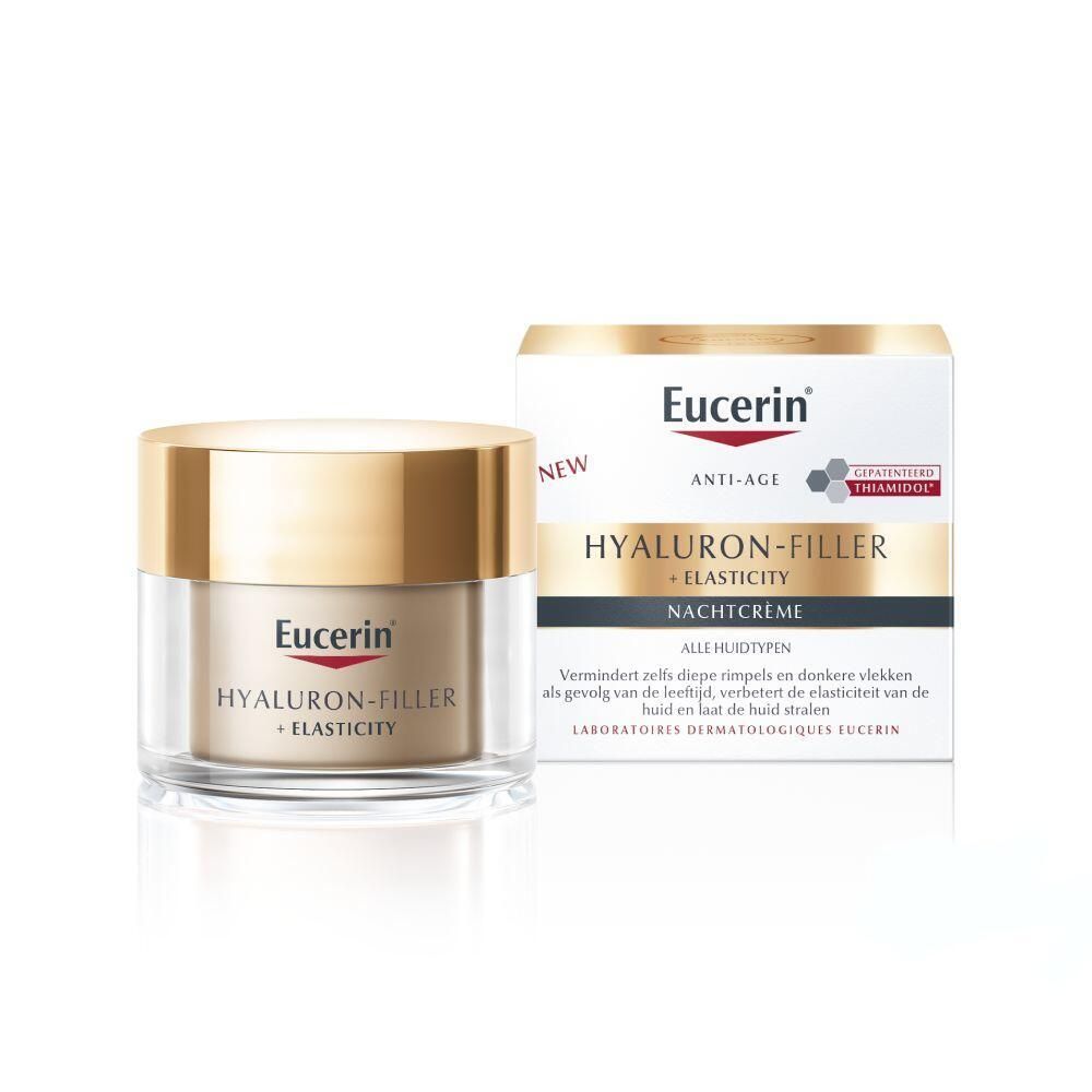 Crèmepot en verpakking. Opschrift: Eucerin ANTI-AGE HYALURON-FILLER + NACHTCREME.