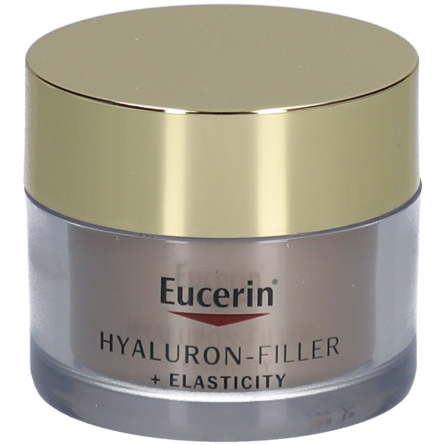 Creme-Tiegel mit goldfarbenem Deckel. Aufschrift: Eucerin HYALURON-FILLER + ELASTICITY.