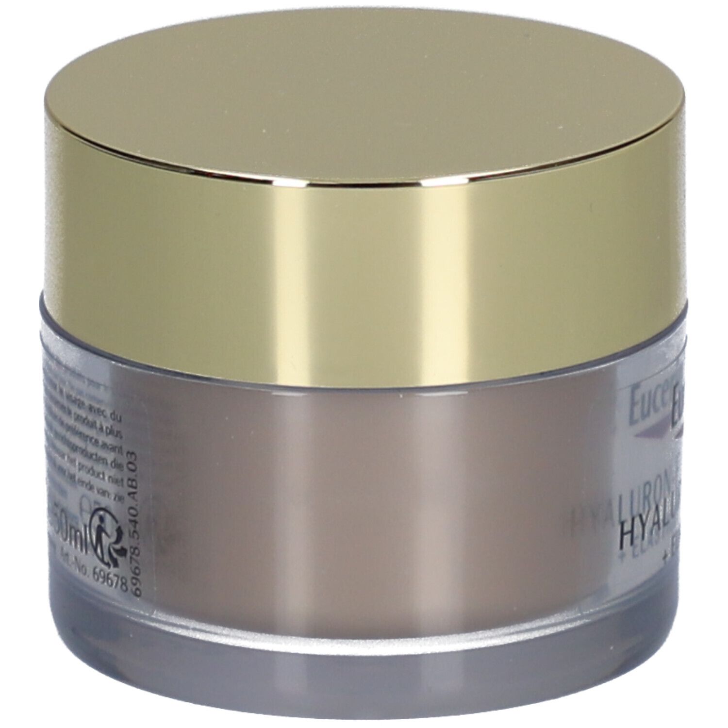 Creme-Tiegel mit goldfarbenem Deckel. Aufschrift: Eucerin HYALURON-FILLER + ELASTICITY.