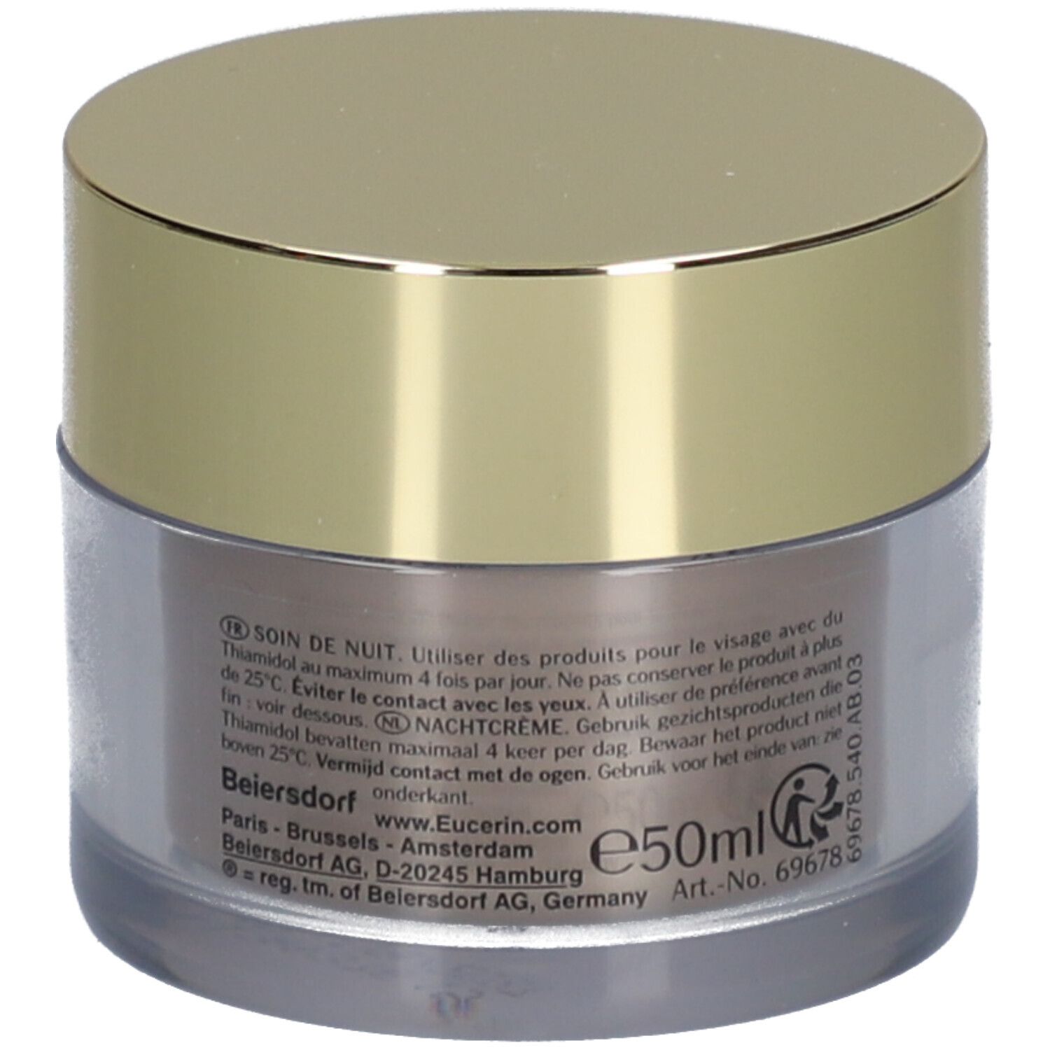 Creme-Tiegel mit goldfarbenem Deckel. Aufschrift: Eucerin HYALURON-FILLER + ELASTICITY.