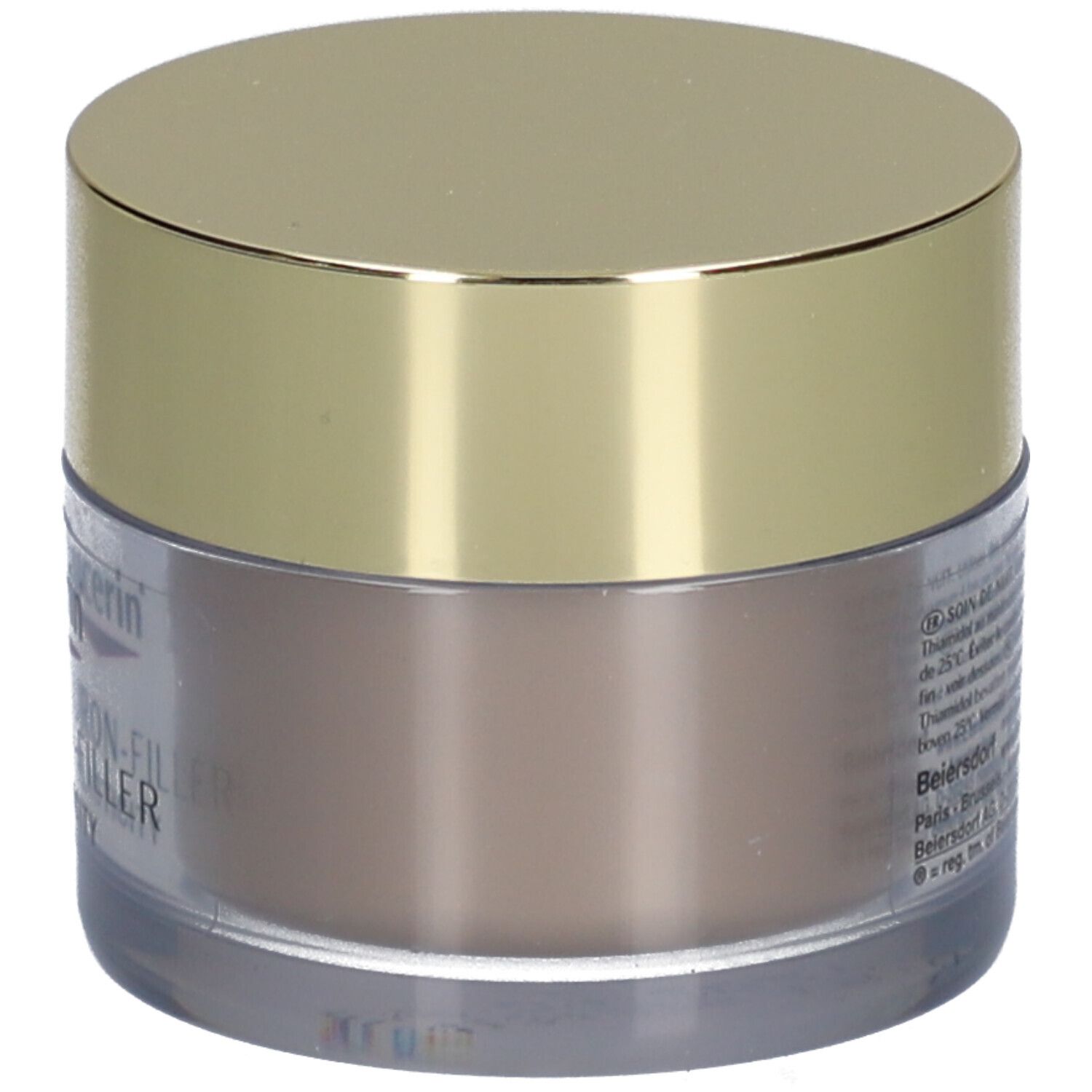 Creme-Tiegel mit goldfarbenem Deckel. Aufschrift: Eucerin HYALURON-FILLER + ELASTICITY.