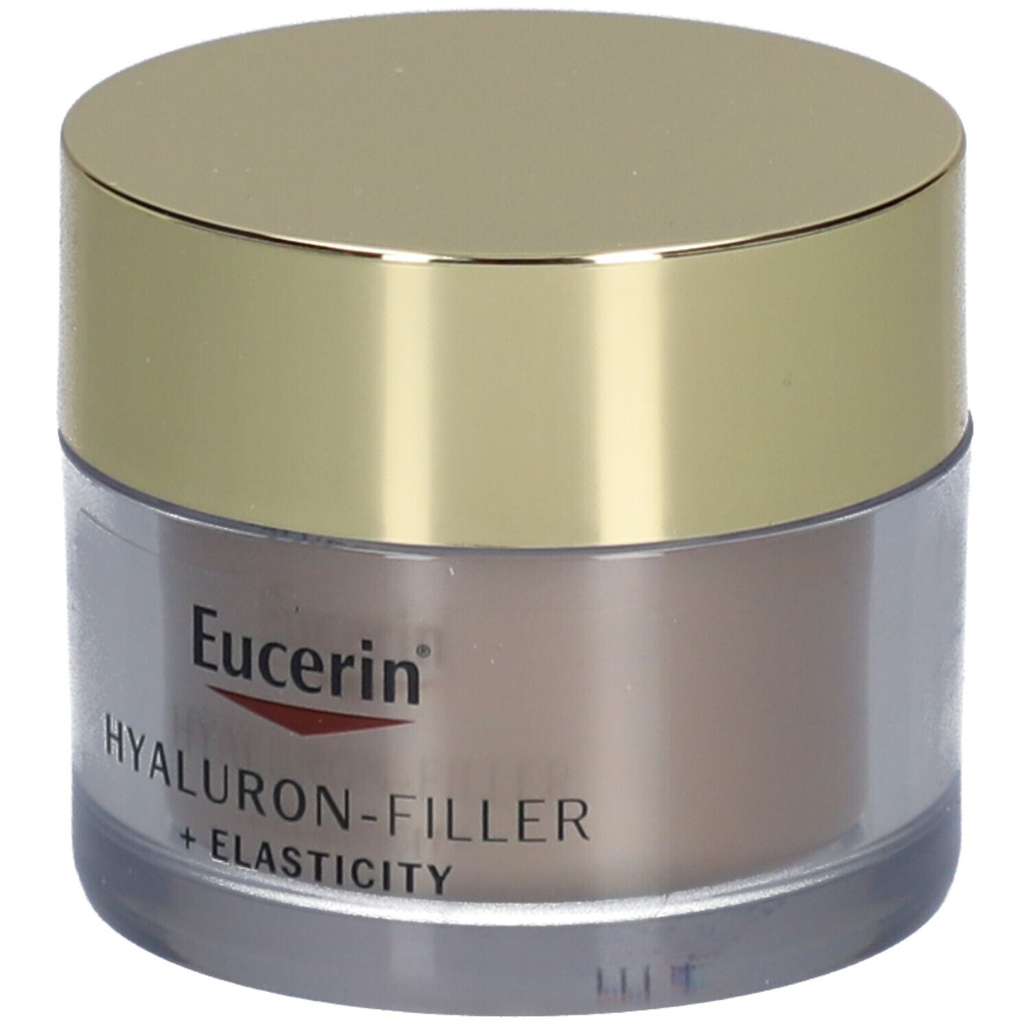 Creme-Tiegel mit goldfarbenem Deckel. Aufschrift: Eucerin HYALURON-FILLER + ELASTICITY.