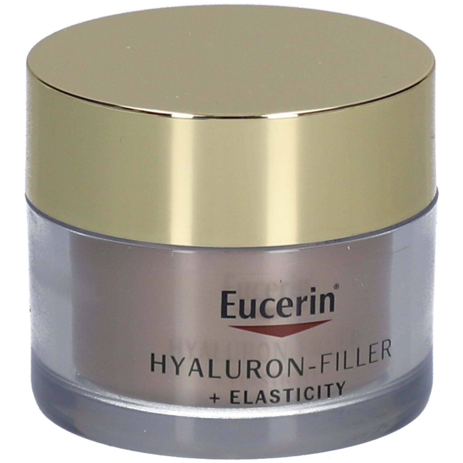 Creme-Tiegel mit goldfarbenem Deckel. Aufschrift: Eucerin HYALURON-FILLER + ELASTICITY.