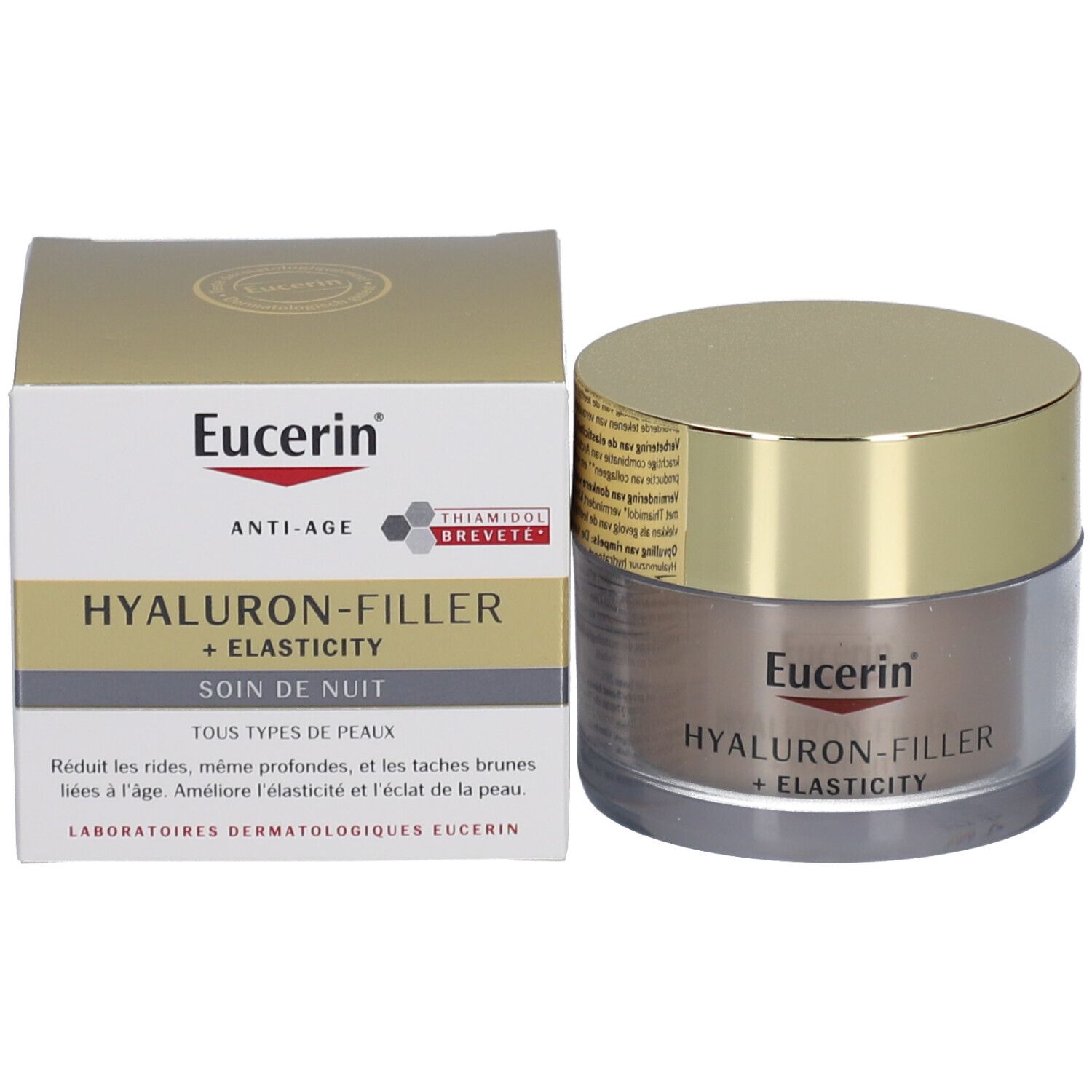 Creme-Tiegel und Verpackung. Aufschrift: Eucerin ANTI-AGE HYALURON-FILLER + ELASTICITY.