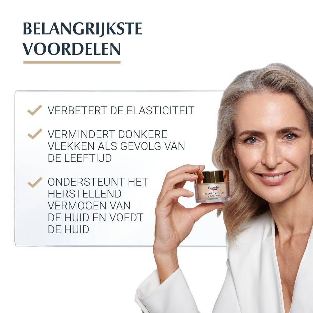 Vrouw houdt crèmepot vast. Opschrift: Eucerin HYALURON-FILLER + ELASTICITY. Tekst over voordelen.