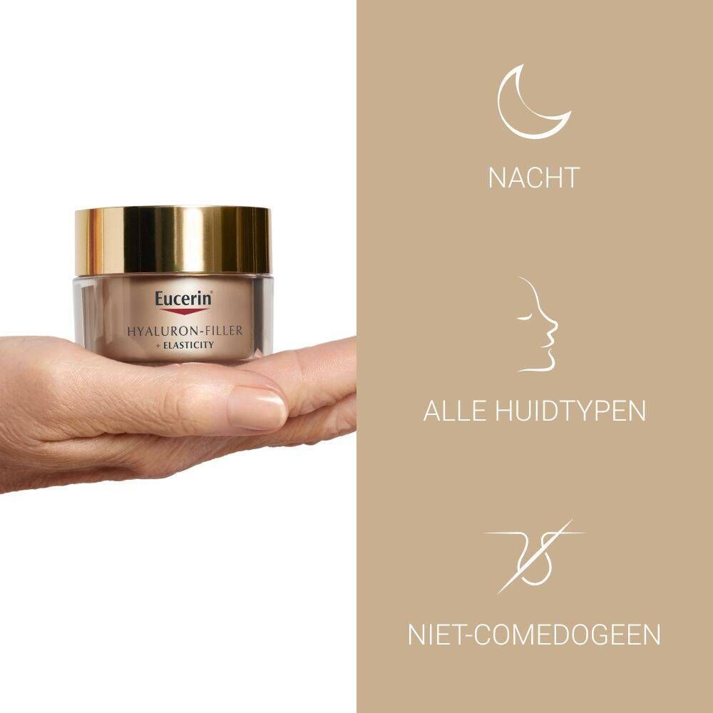 Hand houdt crèmepot vast. Opschrift: Eucerin HYALURON-FILLER + ELASTICITY. Symbolen.