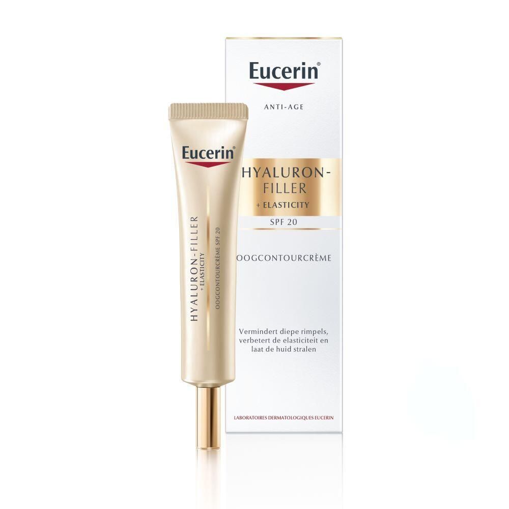 Eucerin HYALURON-FILLER + Elasticity Oogcontour SPF 20 en verpakking. Product en doos.