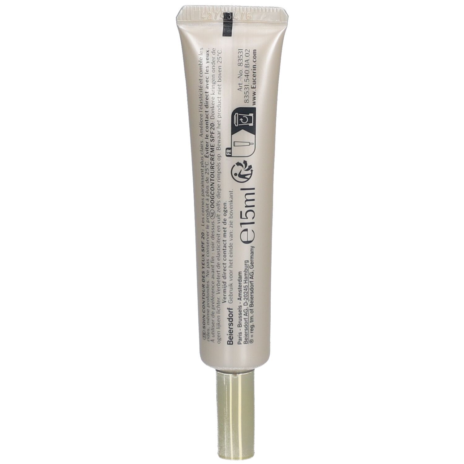Achterkant van de Eucerin HYALURON-FILLER + Elasticity Oogcontour SPF 20 tube. Tekst en symbolen.