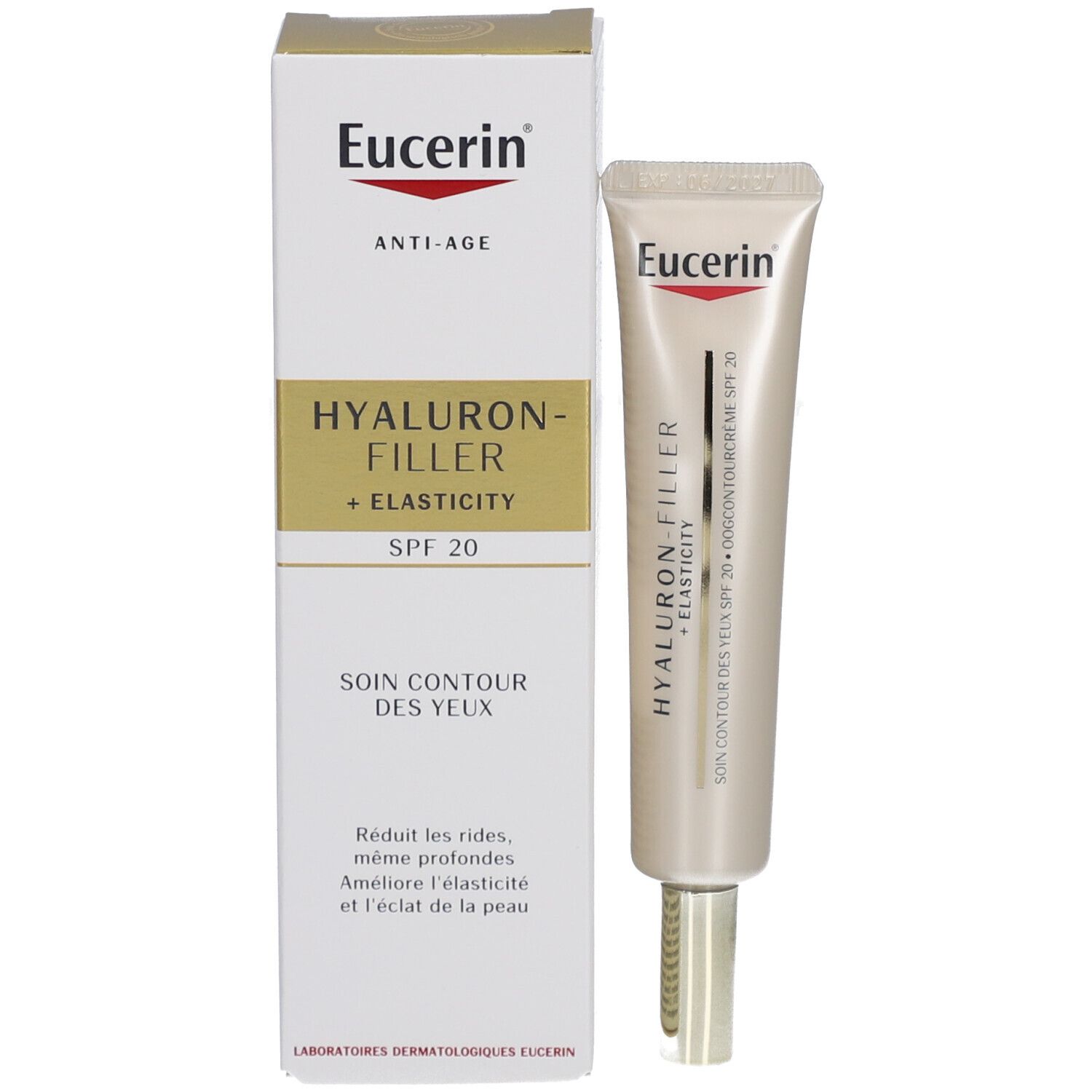 Eucerin HYALURON-FILLER + Elasticity Oogcontour SPF 20 en verpakking. Witte doos.