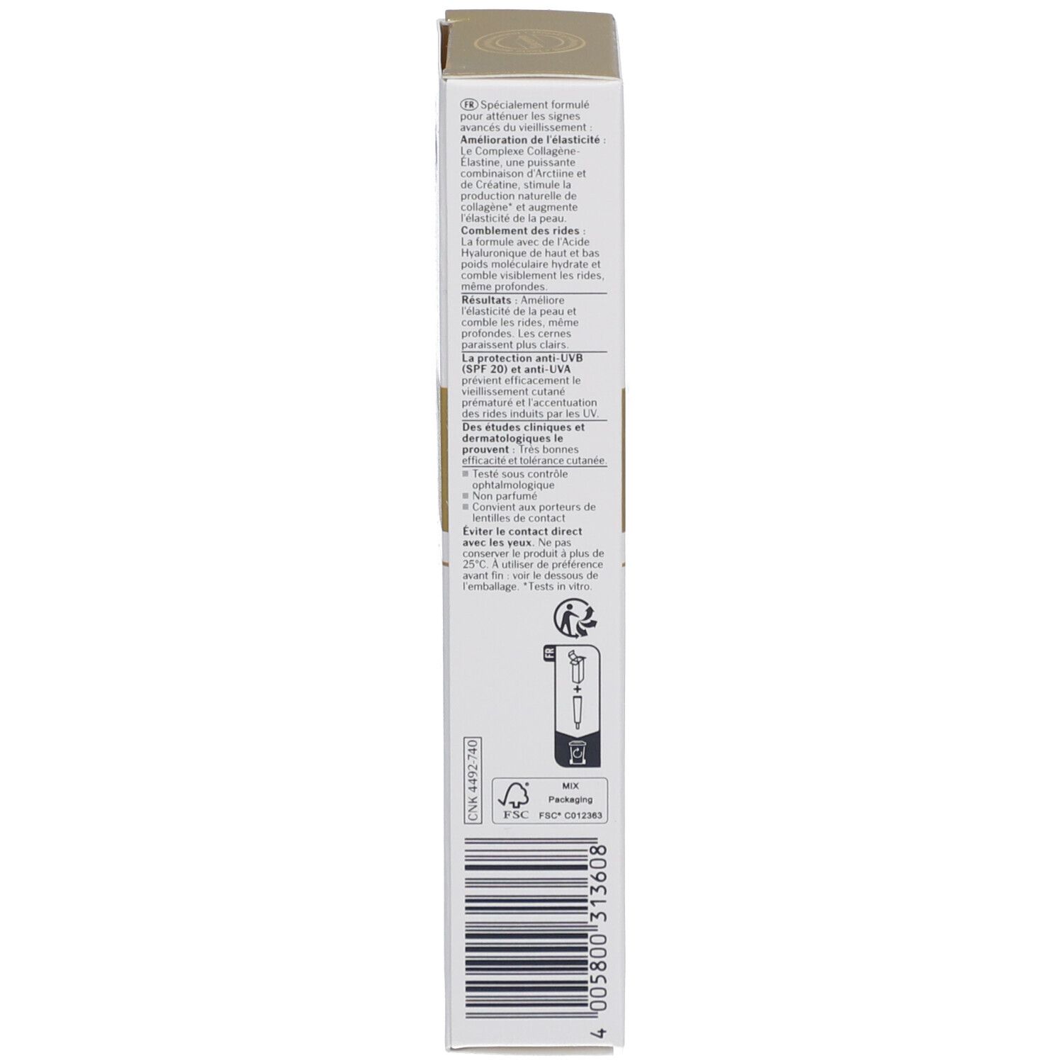 Achterkant van de Eucerin HYALURON-FILLER + Elasticity Oogcontour SPF 20 verpakking. Tekst en barcode.