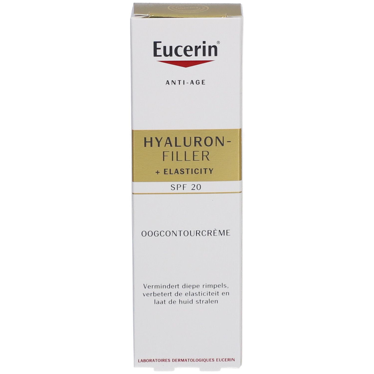 Eucerin HYALURON-FILLER + Elasticity Oogcontour SPF 20 verpakking. Witte doos.