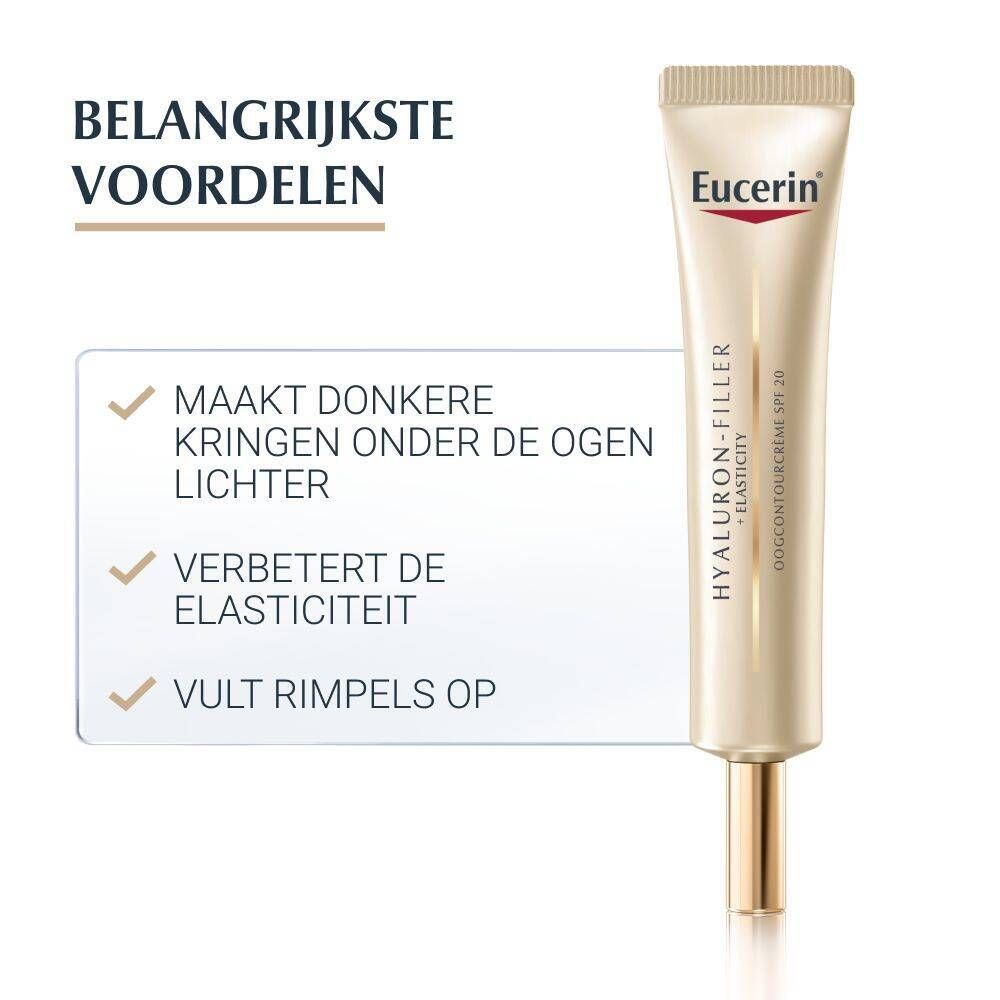 Eucerin HYALURON-FILLER + Elasticity Oogcontour SPF 20. Voordelen: lichtere kringen, verbeterde elasticiteit.