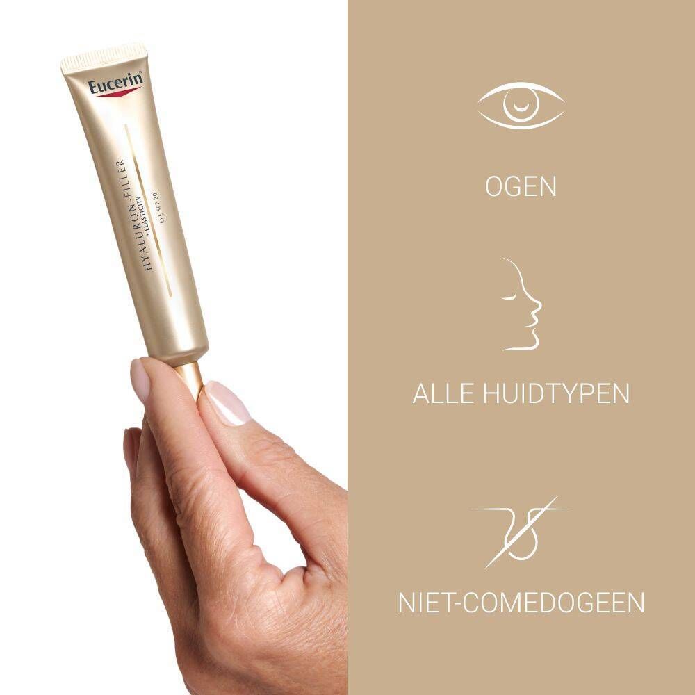 Eucerin HYALURON-FILLER + Elasticity Oogcontour SPF 20. Product in hand. Symbolen: ogen, huidtype, niet-comedogeen.