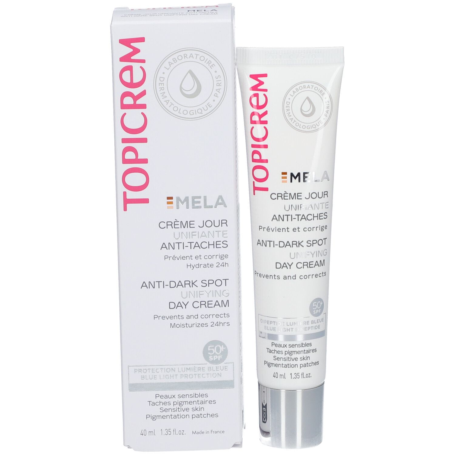 Weiße Verpackung und Tube. Produktname: TOPICREM MELA Anti-Dark Spot Unifying Day Cream SPF50. 40 ml. Dermatologisch getestet.