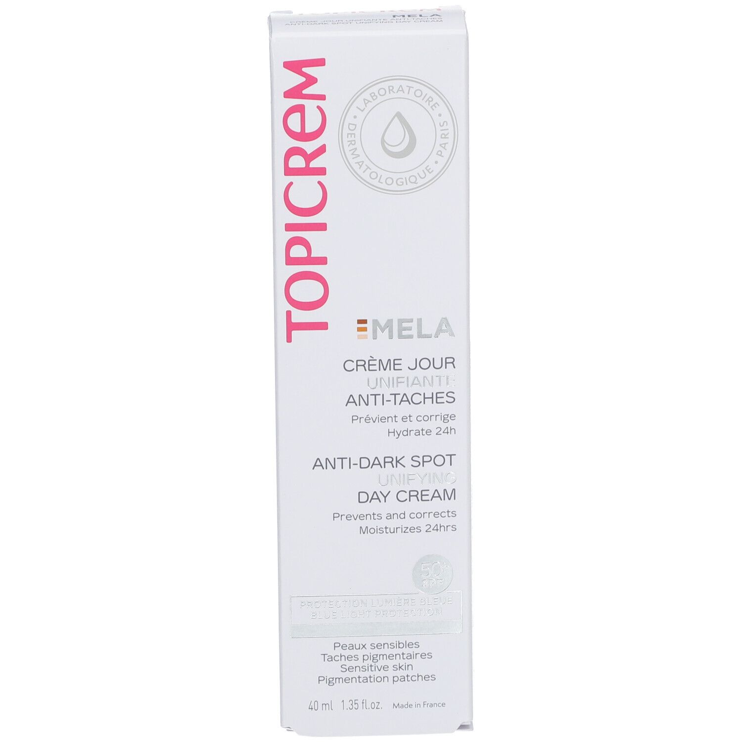 Weiße Verpackung mit rosa Schriftzug TOPICREM. Produktname: MELA Anti-Dark Spot Day Cream. 40 ml. Dermatologisch getestet.