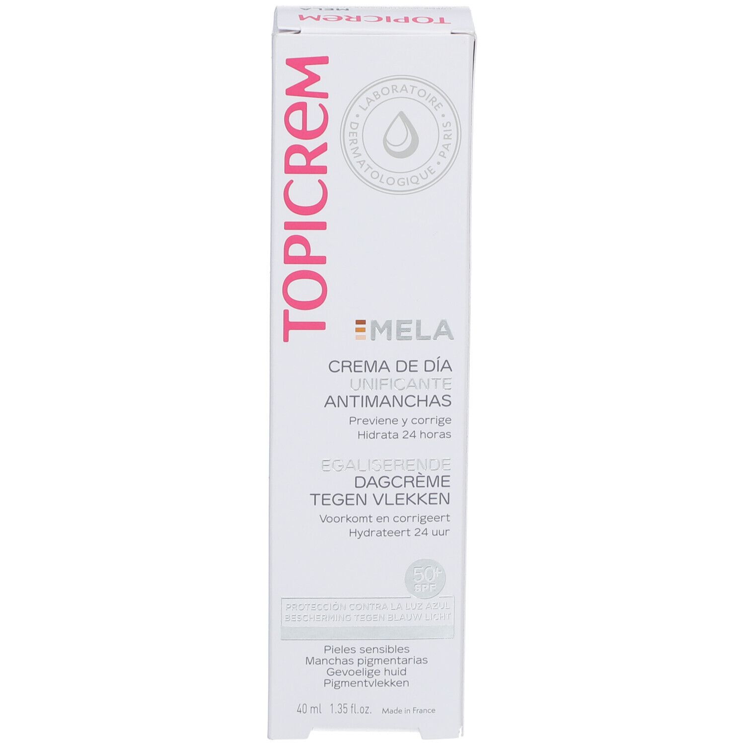 Weiße Verpackung mit rosa Schriftzug TOPICREM. Produktname: MELA Crema de Día Antimanchas. 40 ml. Dermatologisch getestet.