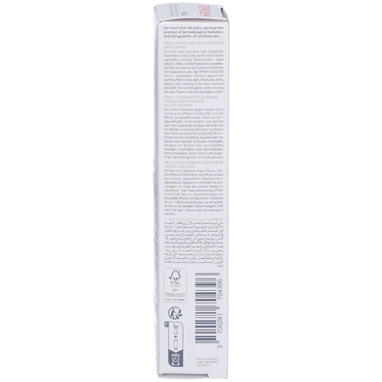 Rückseite der weißen Verpackung. Text in mehreren Sprachen. Produktname: MELA Crema de Día Antimanchas. Hergestellt in Frankreich.