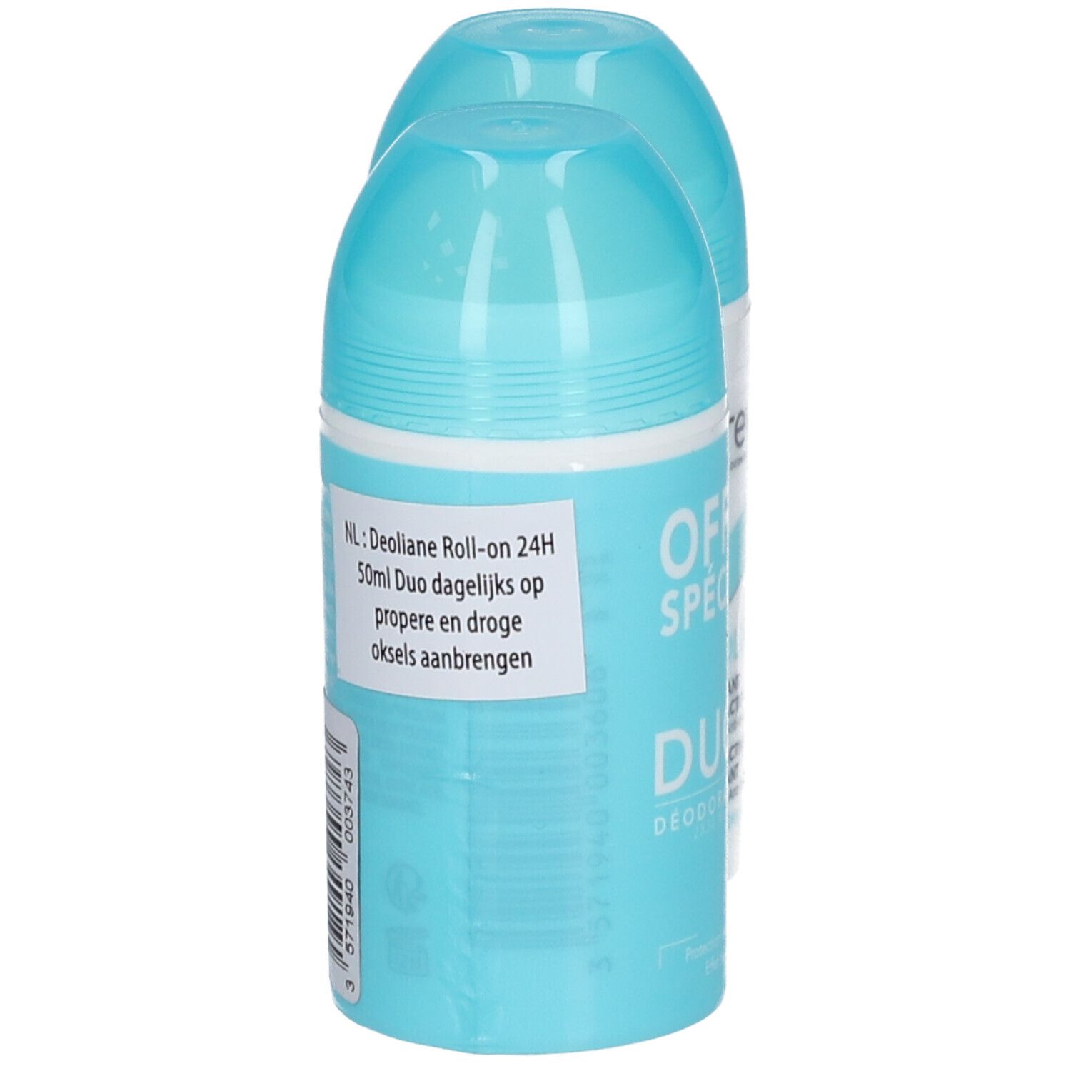 Zwei Roll-On-Deodorants, teilweise verpackt. Hellblaue Kappen, weiße und hellblaue Behälter. Aufschrift: "DEOLIANE".