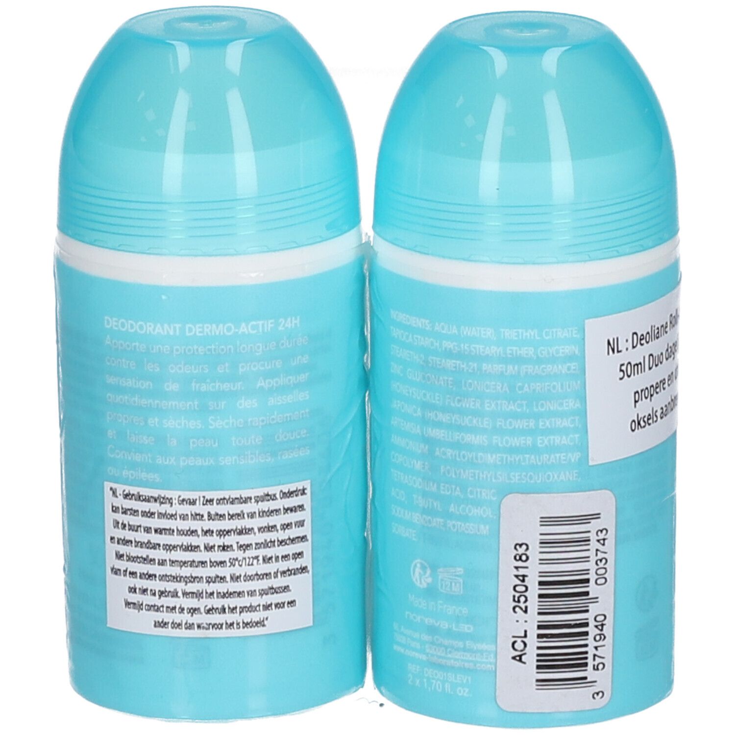 Zwei Roll-On-Deodorants, Rückansicht. Hellblaue Kappen, weiße und hellblaue Behälter. Text und Barcode.