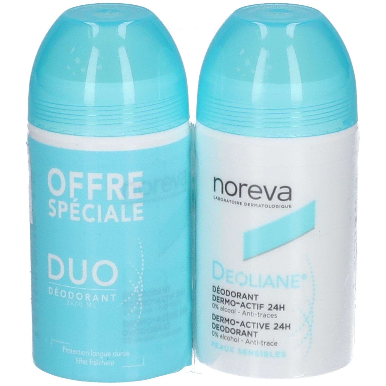 Zwei Roll-On-Deodorants. Hellblaue Kappen, weiße und hellblaue Behälter. Aufschrift: "OFFRE SPECIALE DUO" und "DEOLIANE".