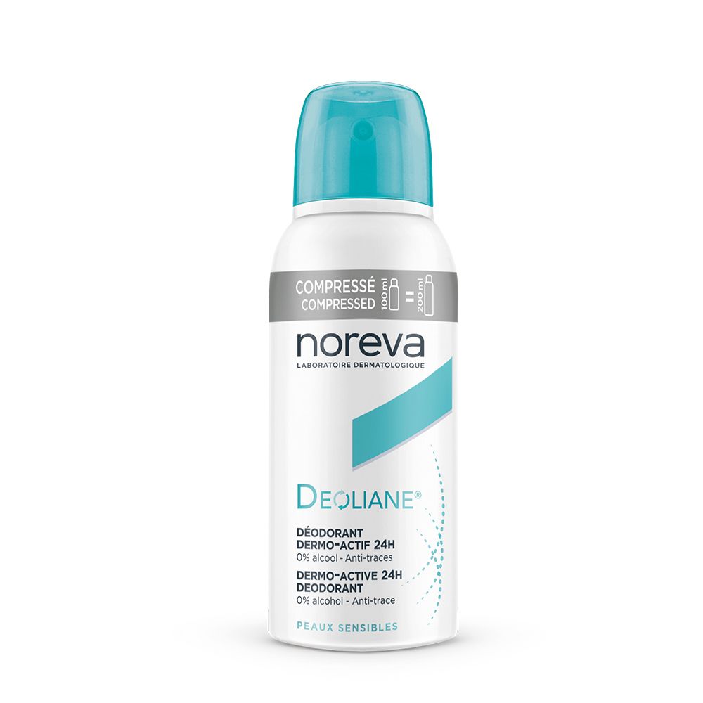 Weißes Deodorant-Spray mit blauem Deckel. Aufschrift: Noreva, Deoliane, Dermo-Actif 24h.  Für empfindliche Haut.