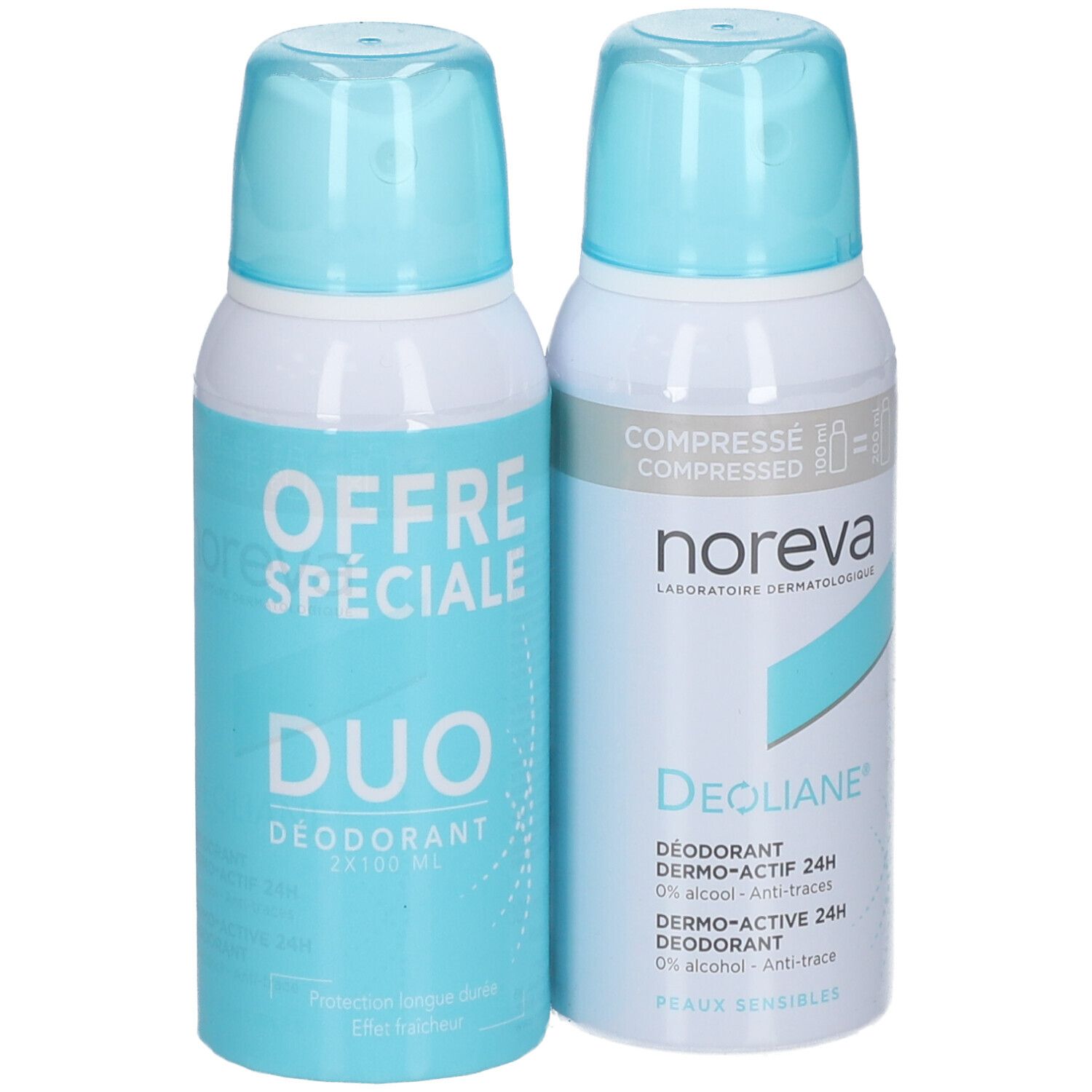 Zwei Noreva Deoliane Deodorant Sprays, eine Packung mit der Aufschrift 'Offre Spéciale Duo'.