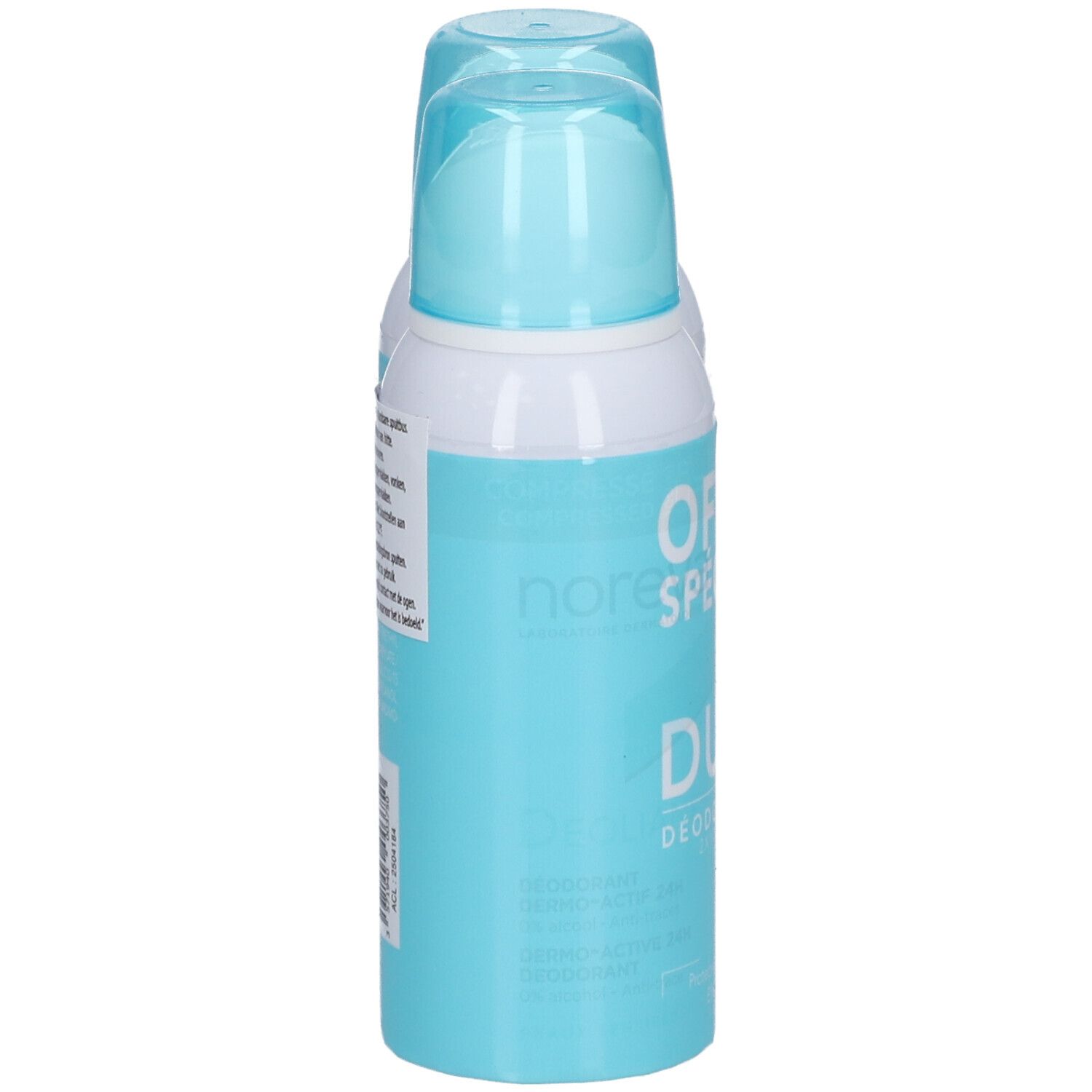 Rückseite eines Noreva Deoliane Deodorant Sprays mit Produktinformationen und Barcode.