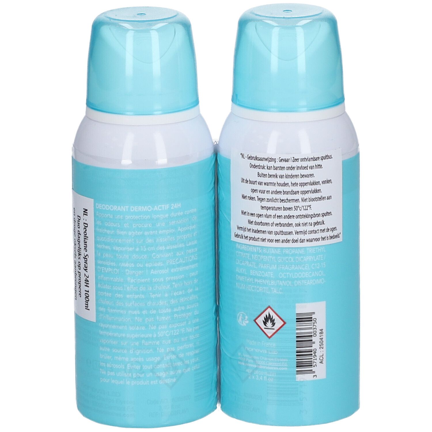 Zwei Noreva Deoliane Deodorant Sprays, Rückseitenansicht mit Gebrauchsanweisungen und Warnhinweisen.