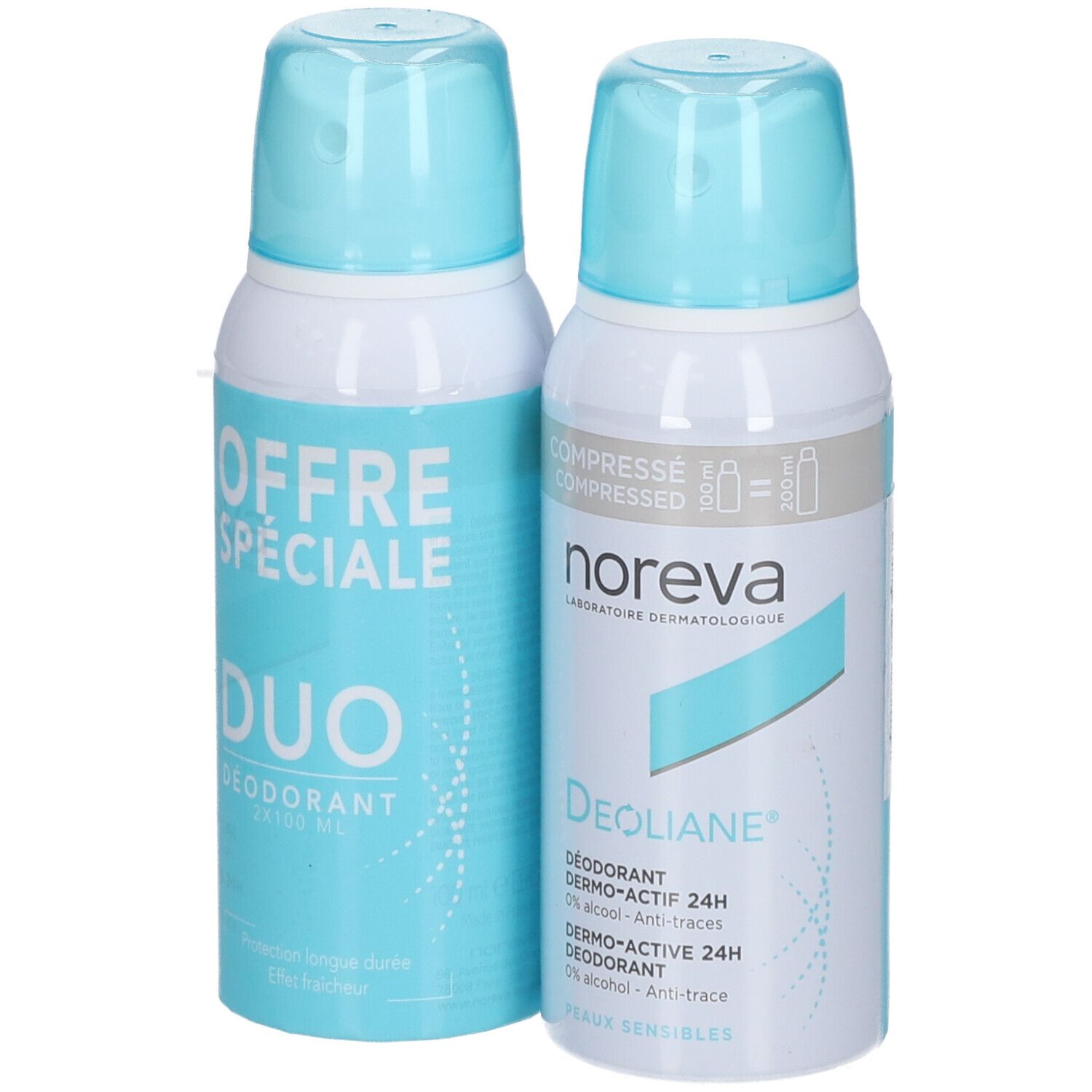 Zwei Noreva Deoliane Deodorant Sprays, eine Packung mit der Aufschrift 'Offre Spéciale Duo'.