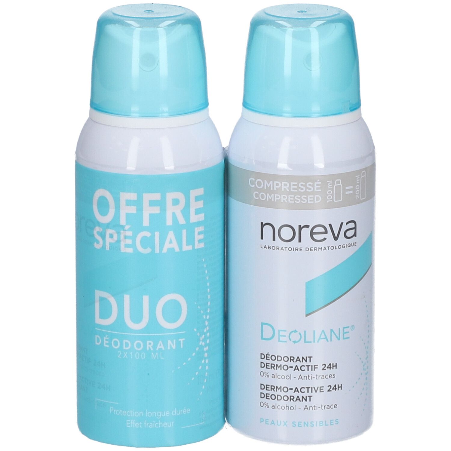 Zwei Noreva Deoliane Deodorant Sprays, eine Packung mit der Aufschrift 'Offre Spéciale Duo'.