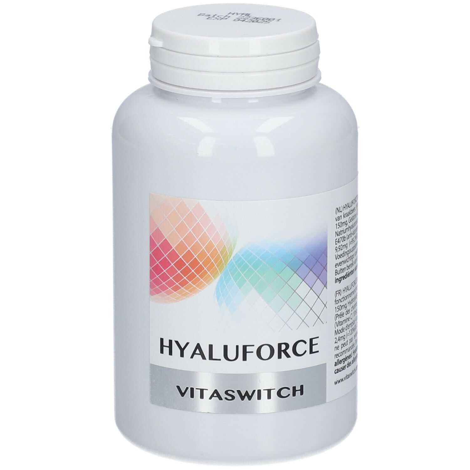 Witte fles met schroefdop. Etiket met "HYALUFORCE" en "VITASWITCH". Gekleurde achtergrond.